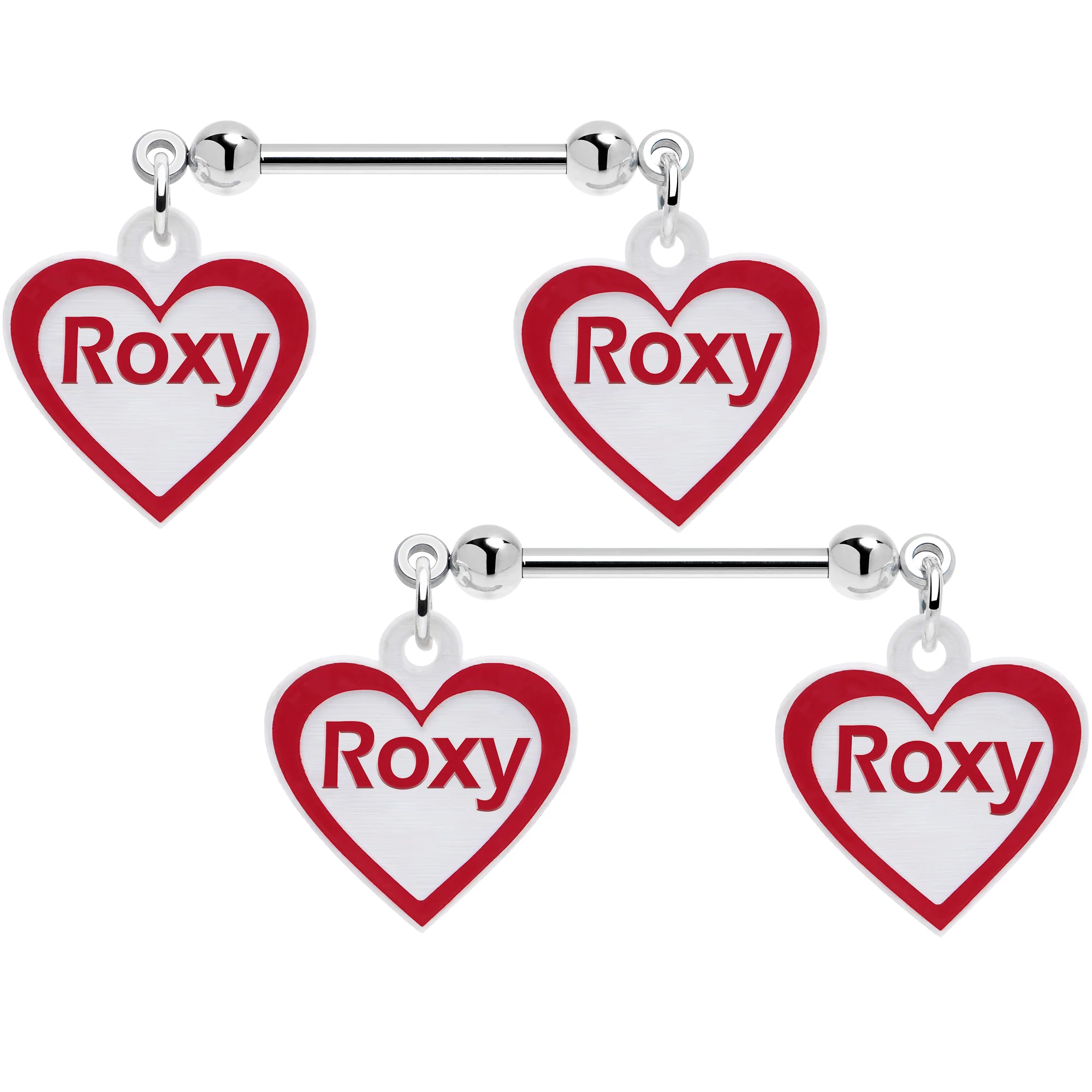 Custom Red White Heart Double Personalized Name Dangle Nipple Ring Set - Image 2