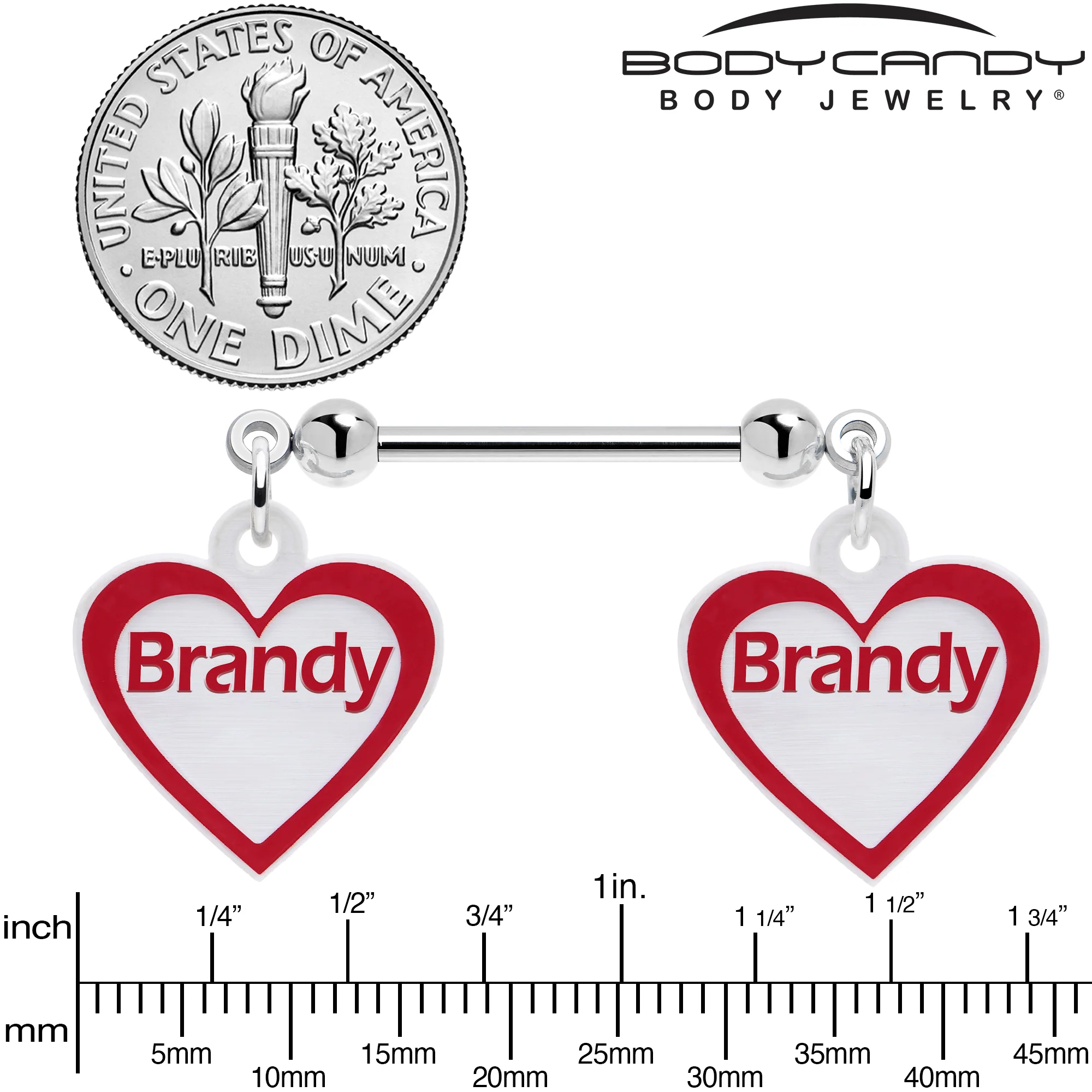 Custom Red White Heart Double Personalized Name Dangle Nipple Ring Set - Image 3