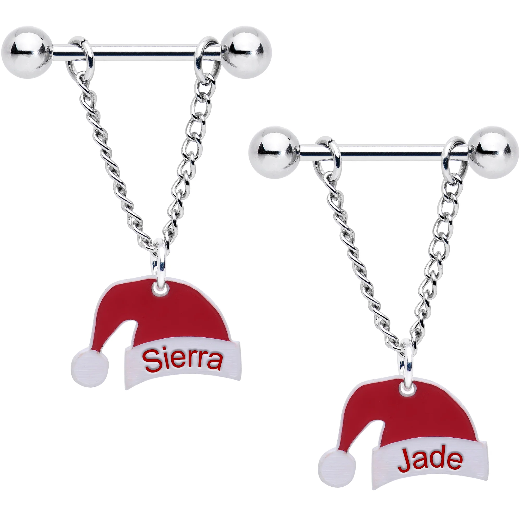 Custom Santa Hat Personalized Dangle Barbell Nipple Ring Set - Image 2