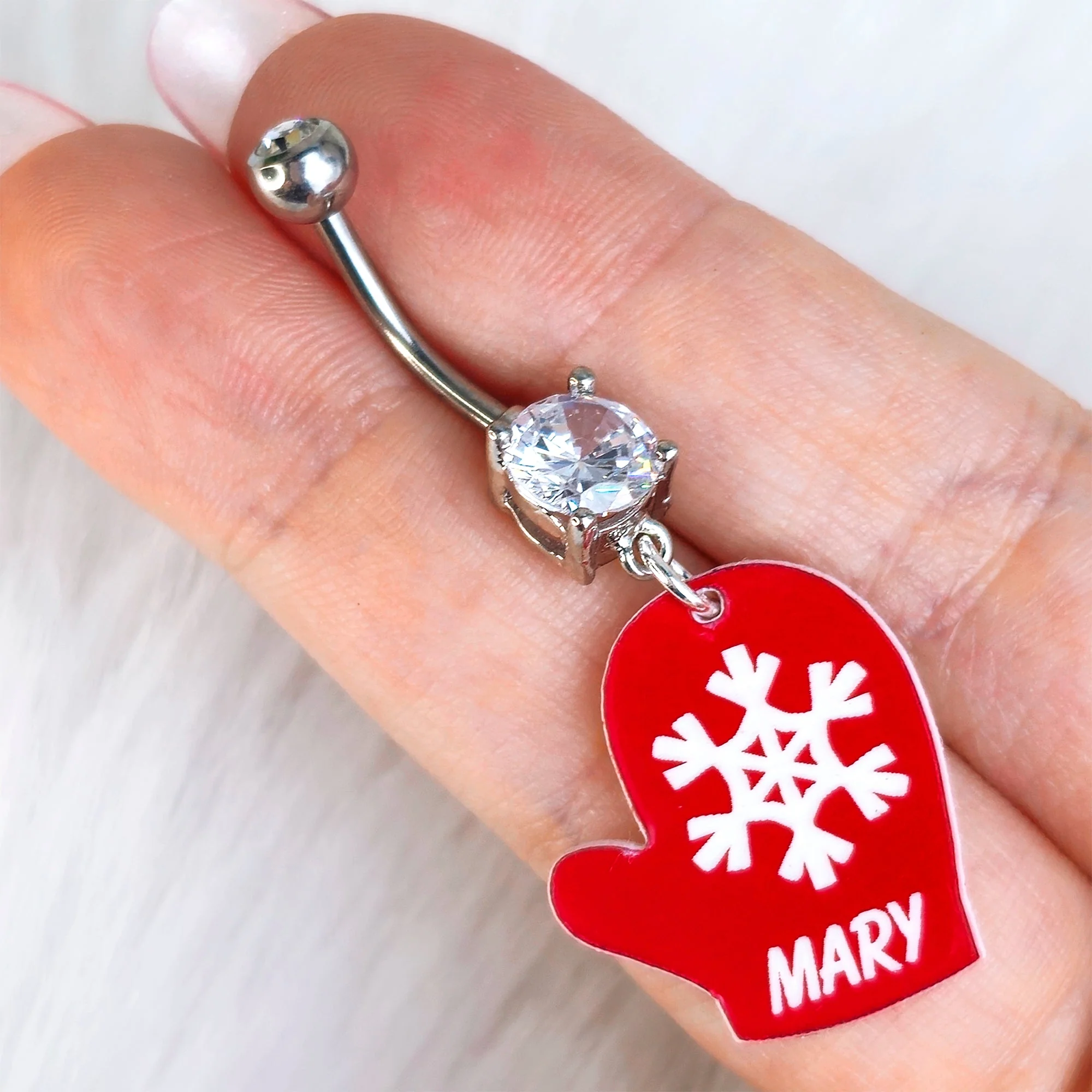 Custom Holiday Mitten Personalized Dangle Belly Ring - Image 2