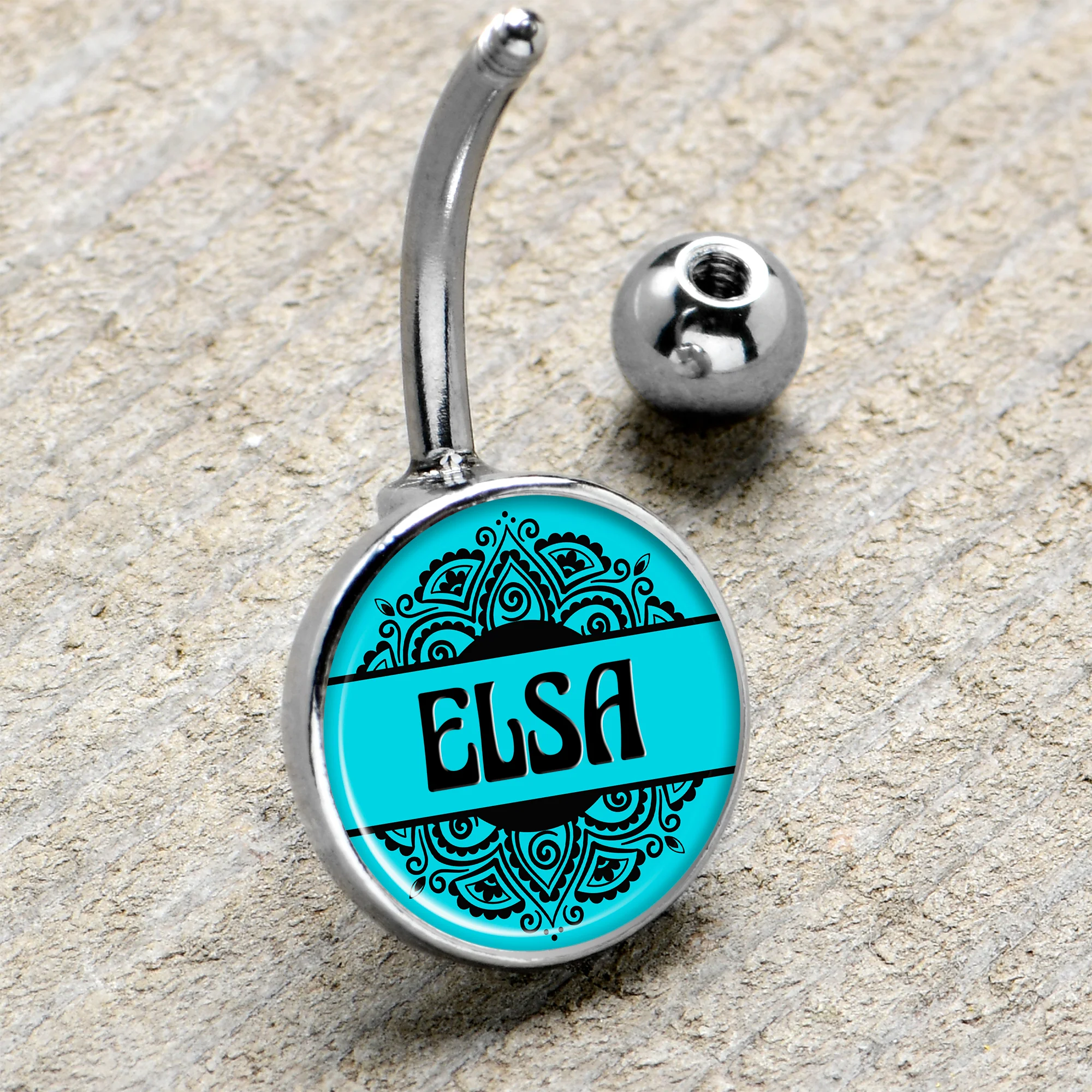 Custom Teal Mandala Personalized Name Belly Ring - Image 4