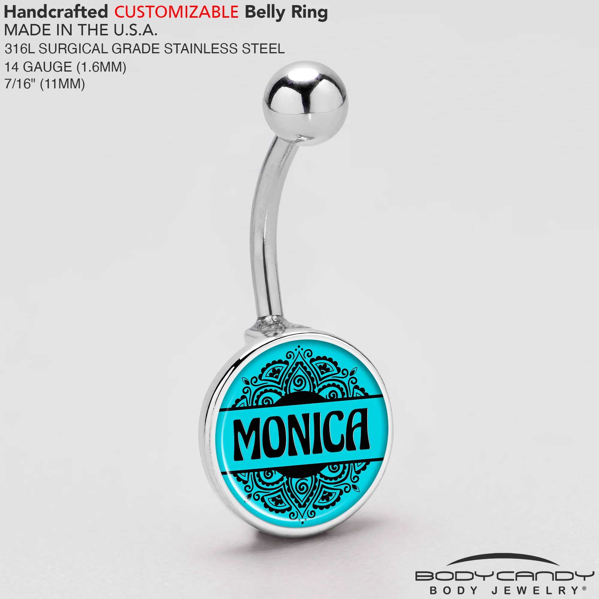 Custom Teal Mandala Personalized Name Belly Ring - Image 5