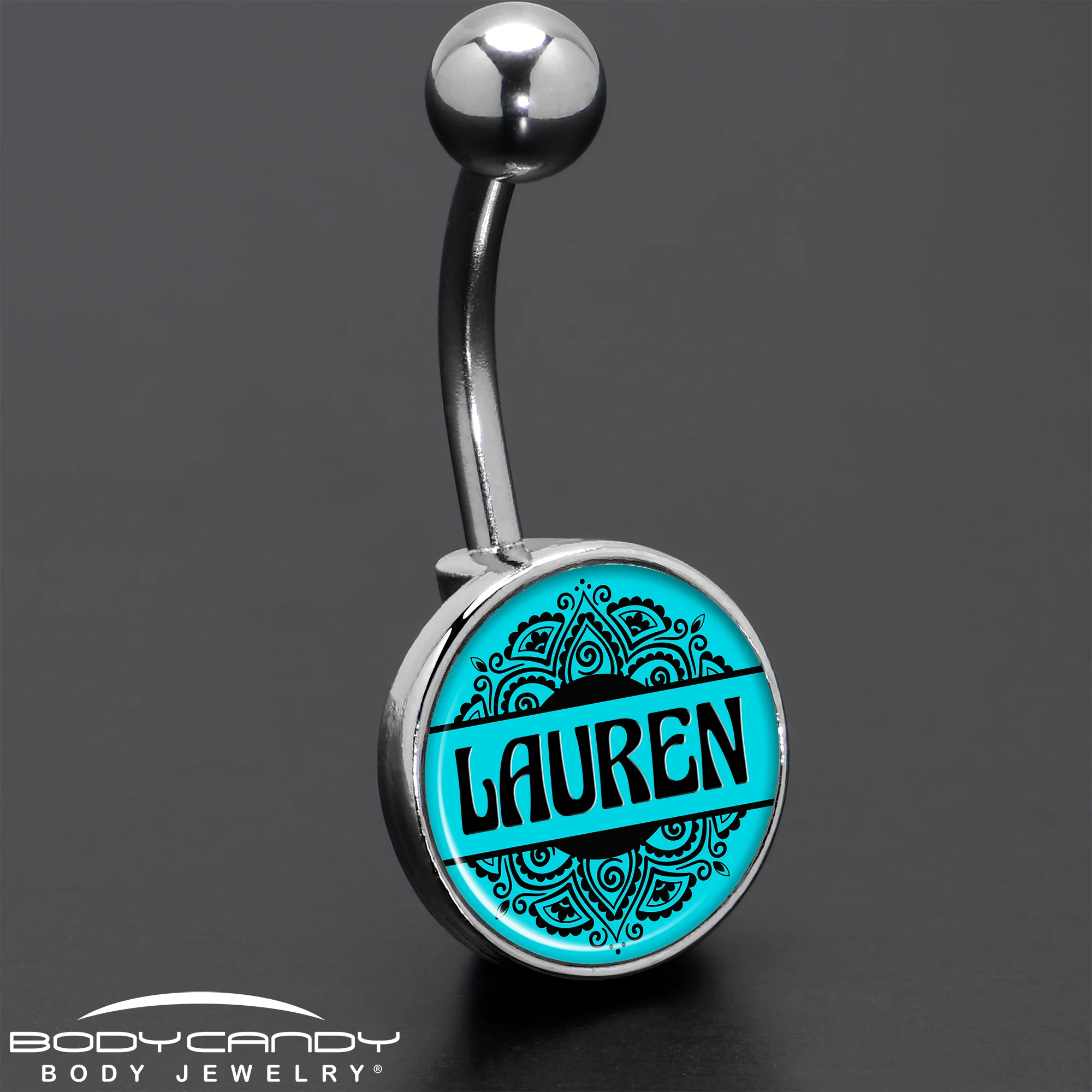 Custom Teal Mandala Personalized Name Belly Ring - Image 8
