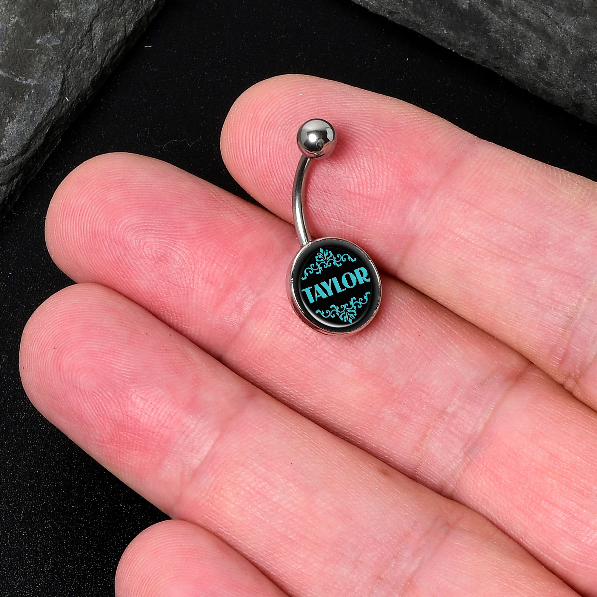 Custom Teal Personalized Name Belly Ring - Image 4