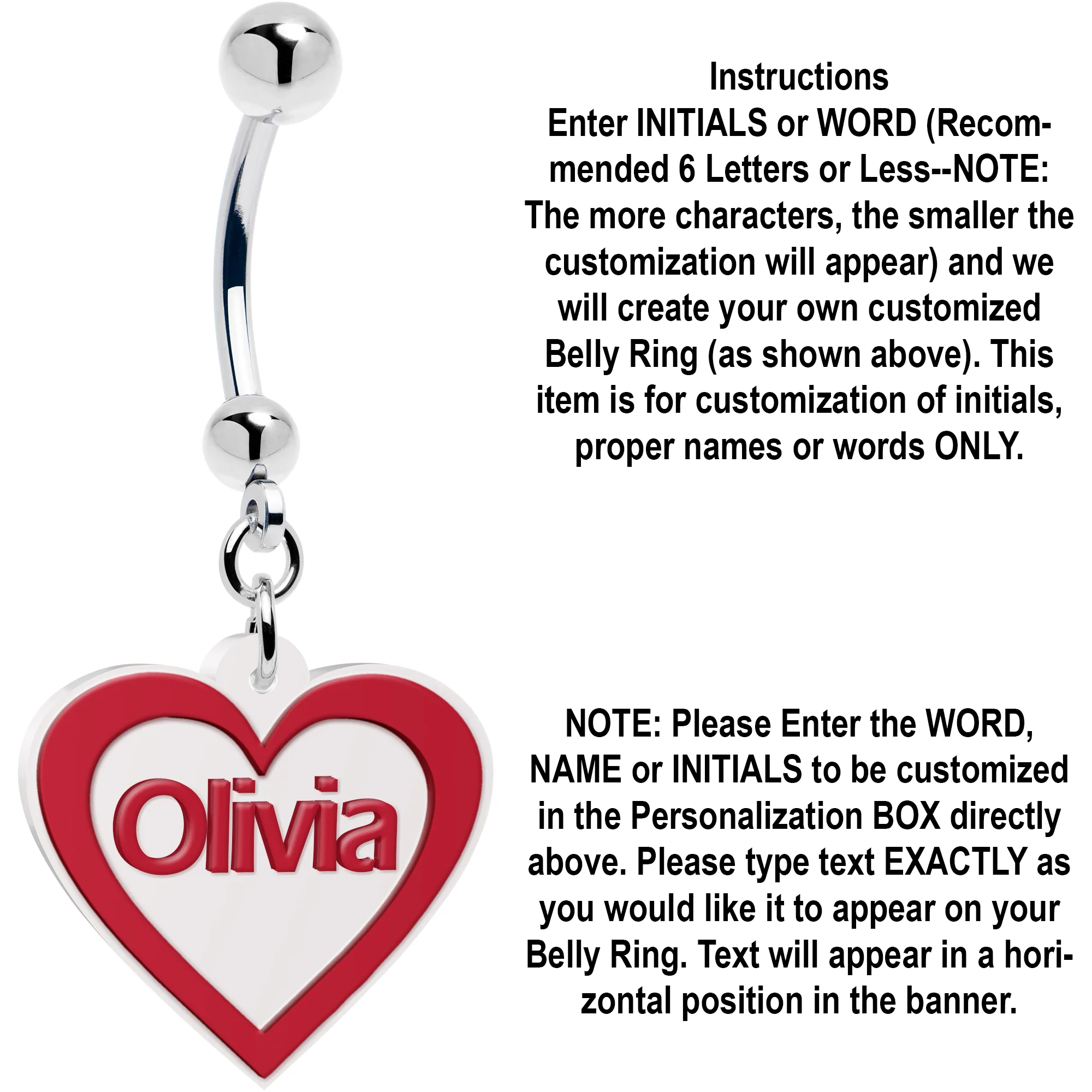 Custom Red White Valentines Day Heart Personalized Dangle Belly Ring - Image 4