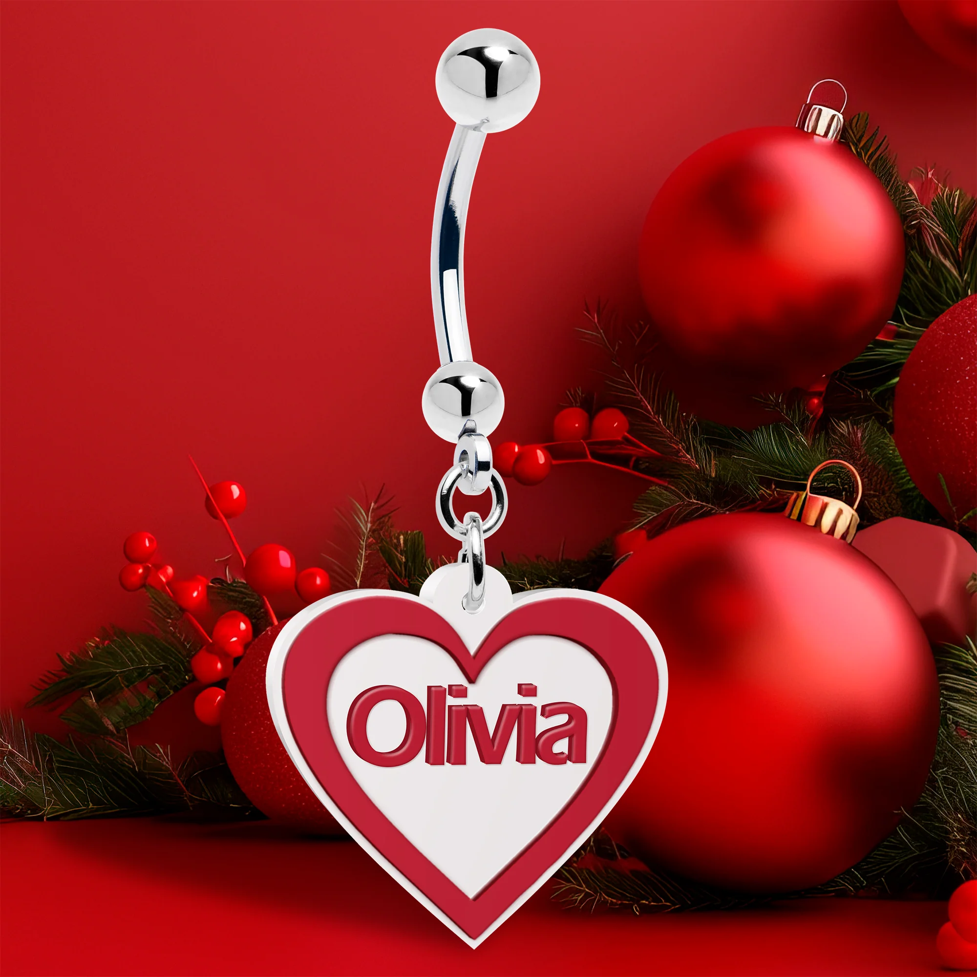 Custom Red White Valentines Day Heart Personalized Dangle Belly Ring - Image 5