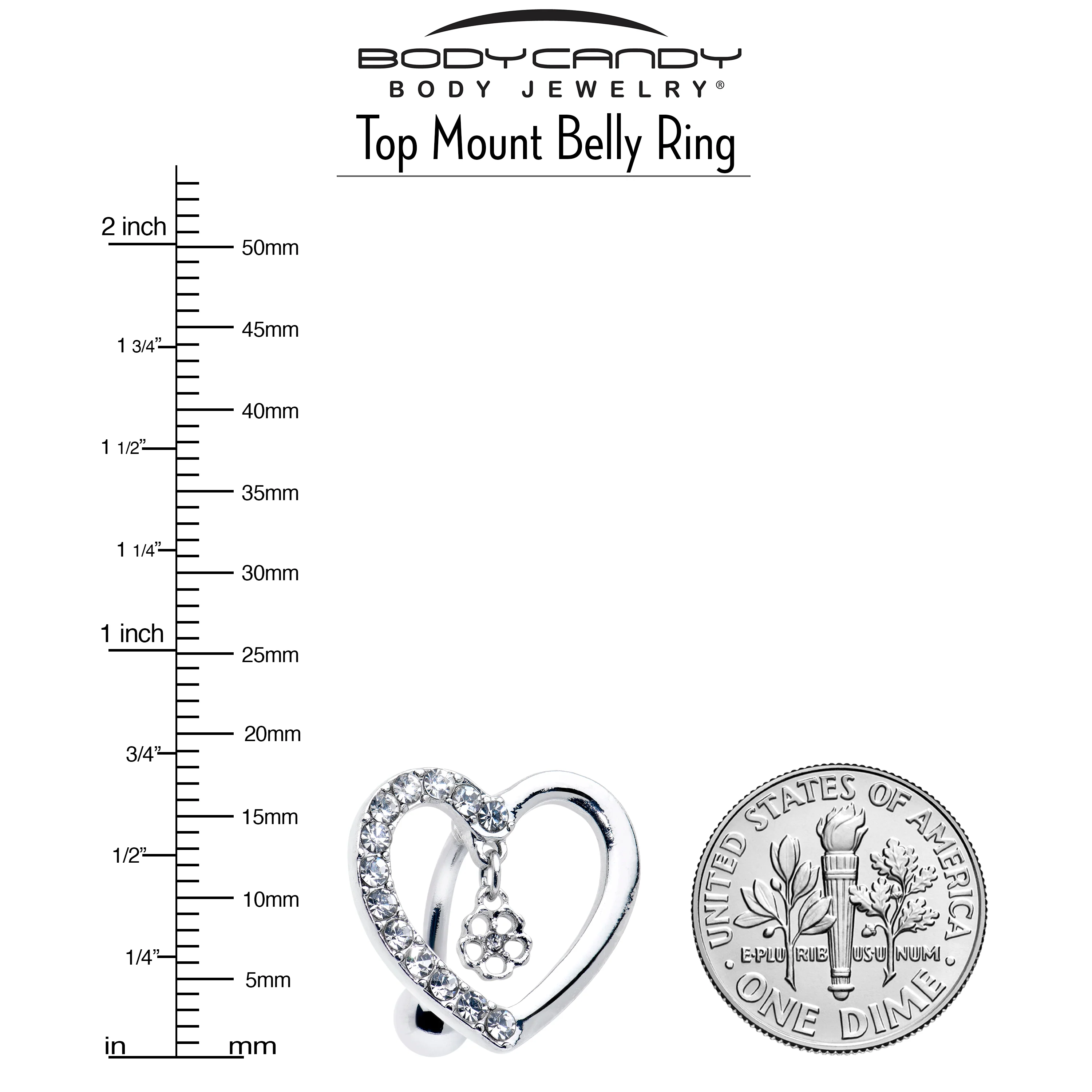 Clear CZ Gem Asymmetrical Heart Flower Dangle Top Mount Belly Ring - Image 2