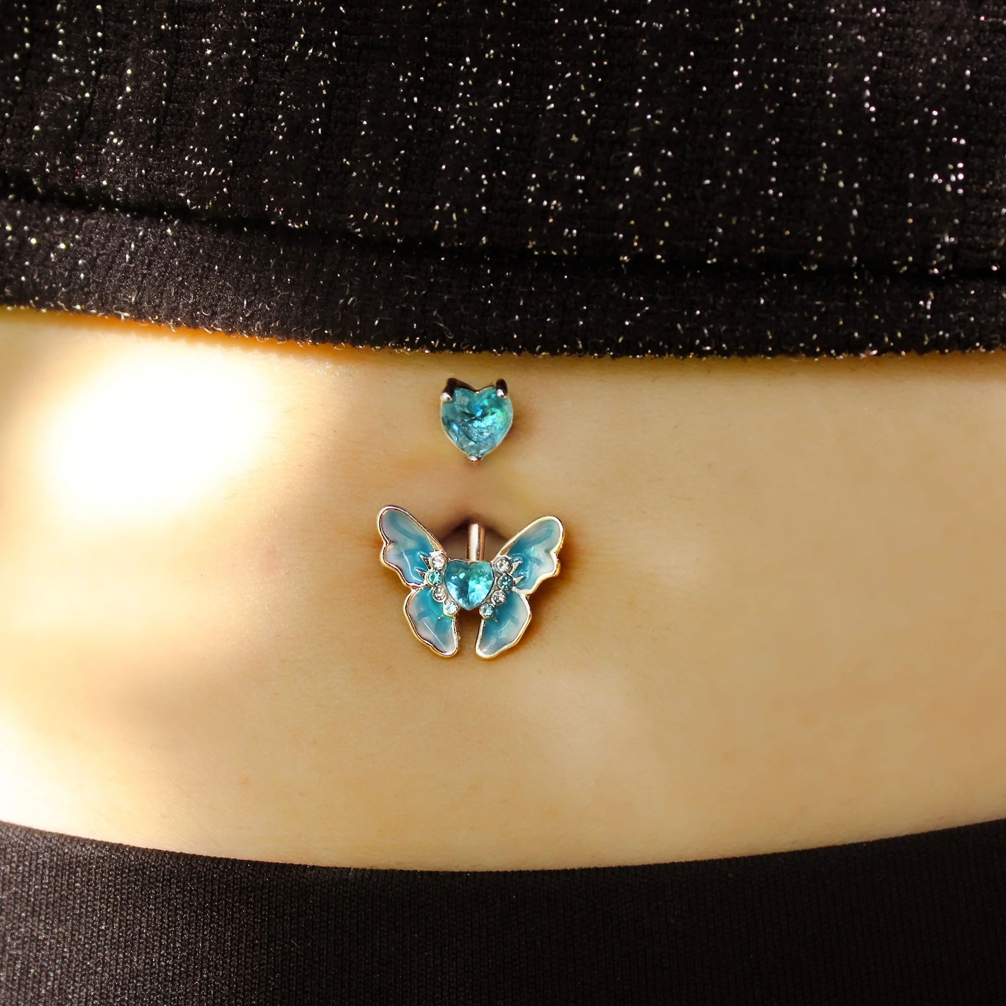 Aqua CZ Gem Butterfly Love Heart Double Mount Belly Ring - Image 2