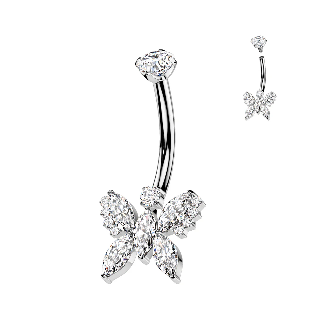 CZ Gem Implant Grade Titanium Internally Threaded Butterfly Belly Ring - Image 2
