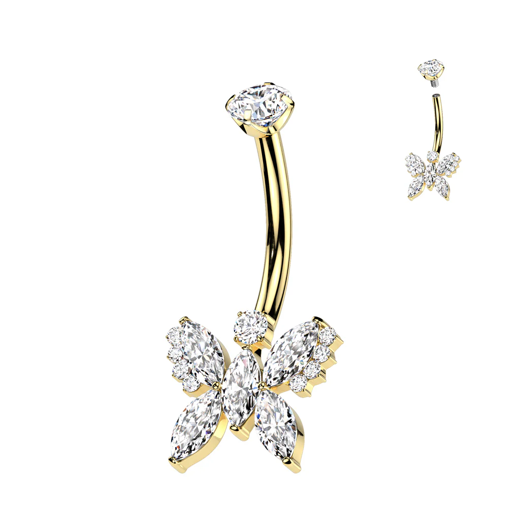 CZ Gem Implant Grade Titanium Internally Threaded Butterfly Belly Ring - Image 3