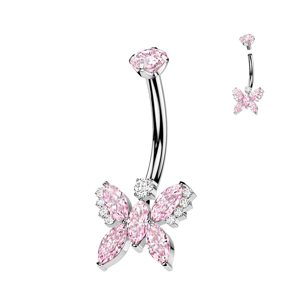 CZ Gem Implant Grade Titanium Internally Threaded Butterfly Belly Ring - Image 4