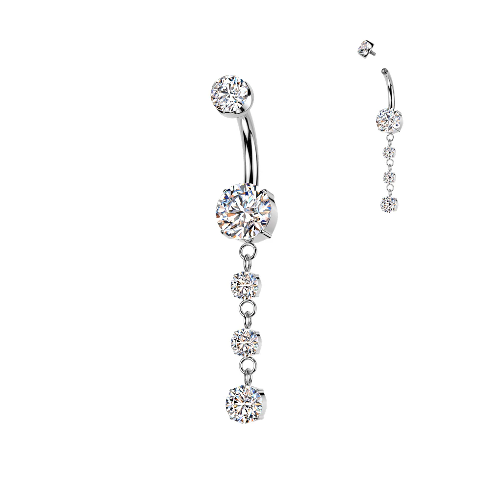 CZ Gem Implant Grade Titanium Internally Threaded Triple Dangle Belly Ring - Image 3