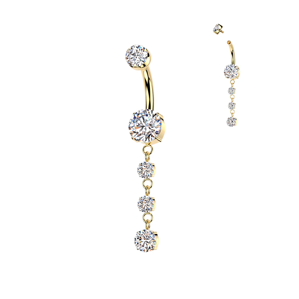 CZ Gem Implant Grade Titanium Internally Threaded Triple Dangle Belly Ring - Image 4