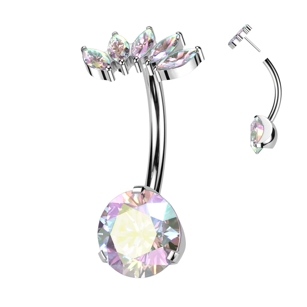 CZ Gem Implant Grade Titanium Threadless Fan Double Mount Belly Ring - Image 2