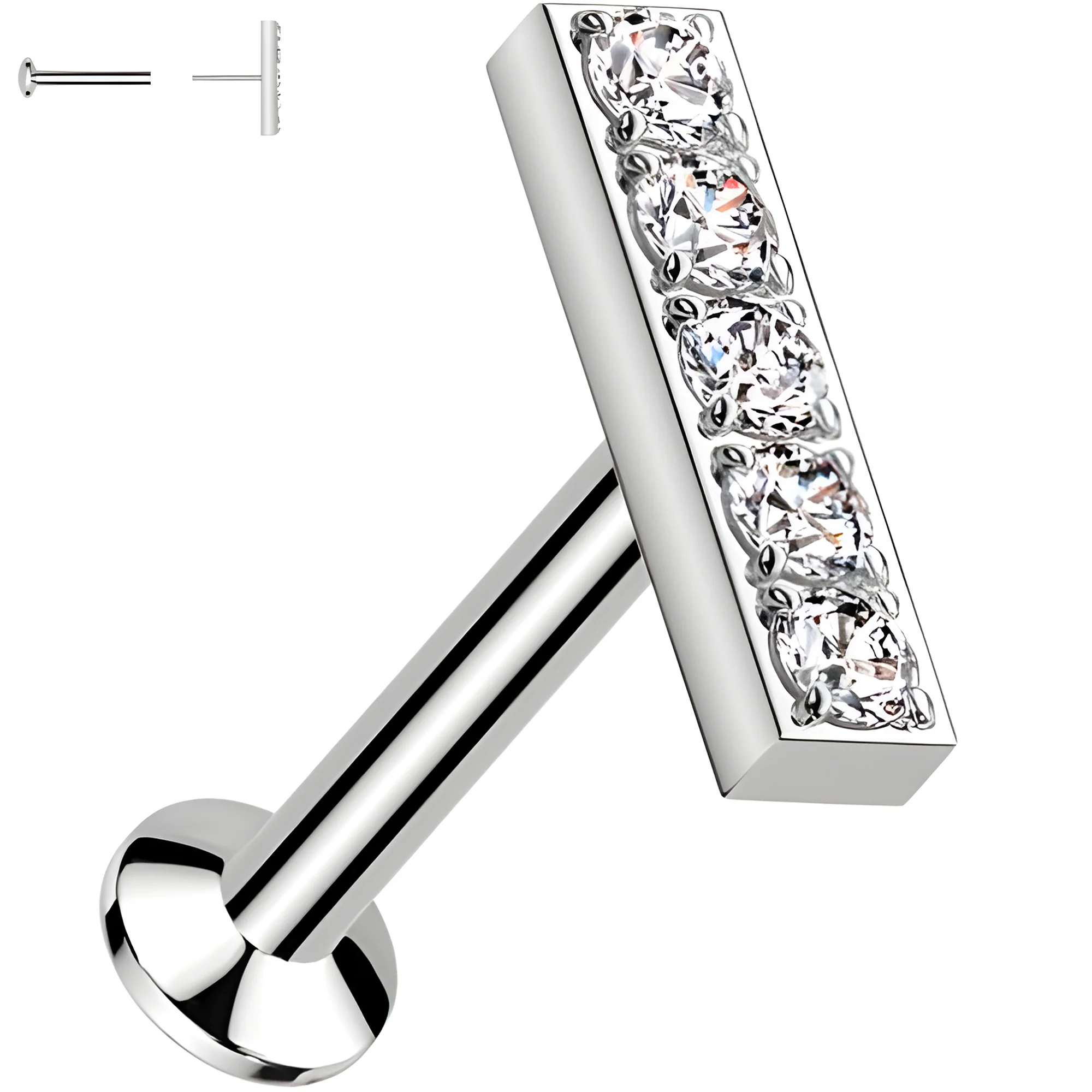 CZ Mirco Gem Bar Flat Back Earring - 18G Threadless Push In - Image 2