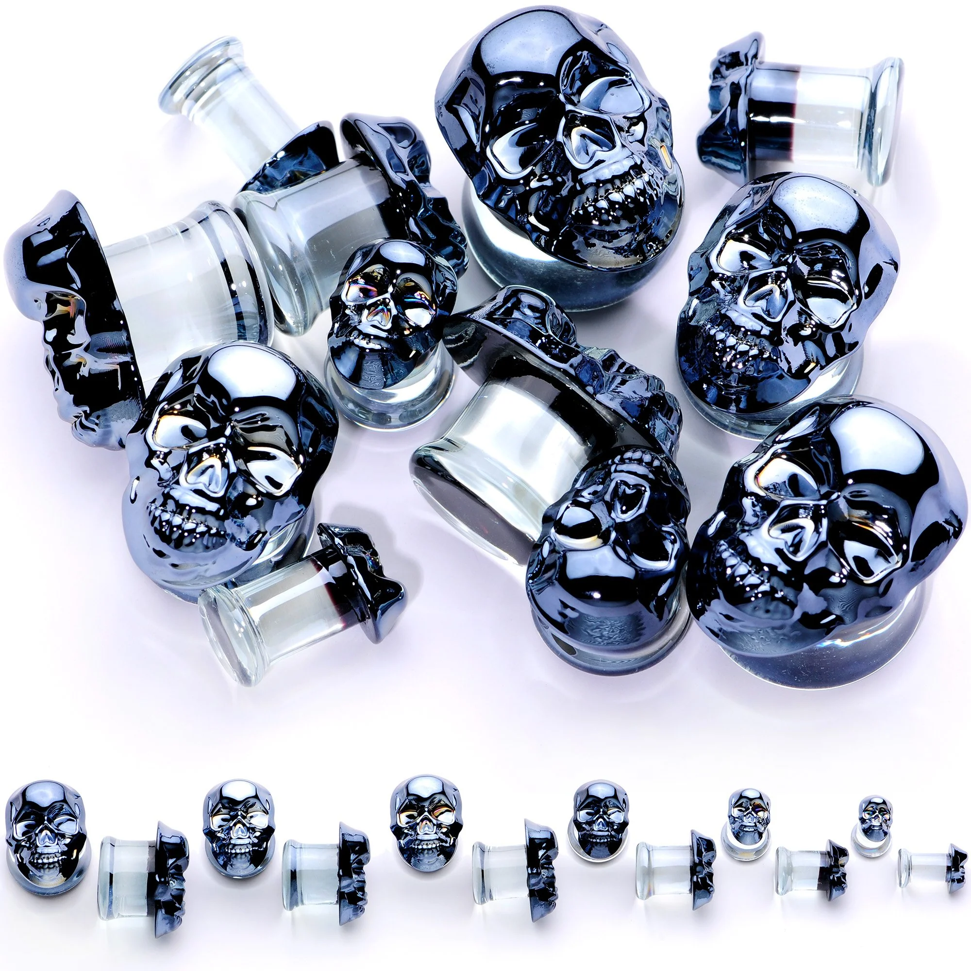 Dark Blue Glass Smiling Halloween Skull Double Flare Plug Set - Image 5