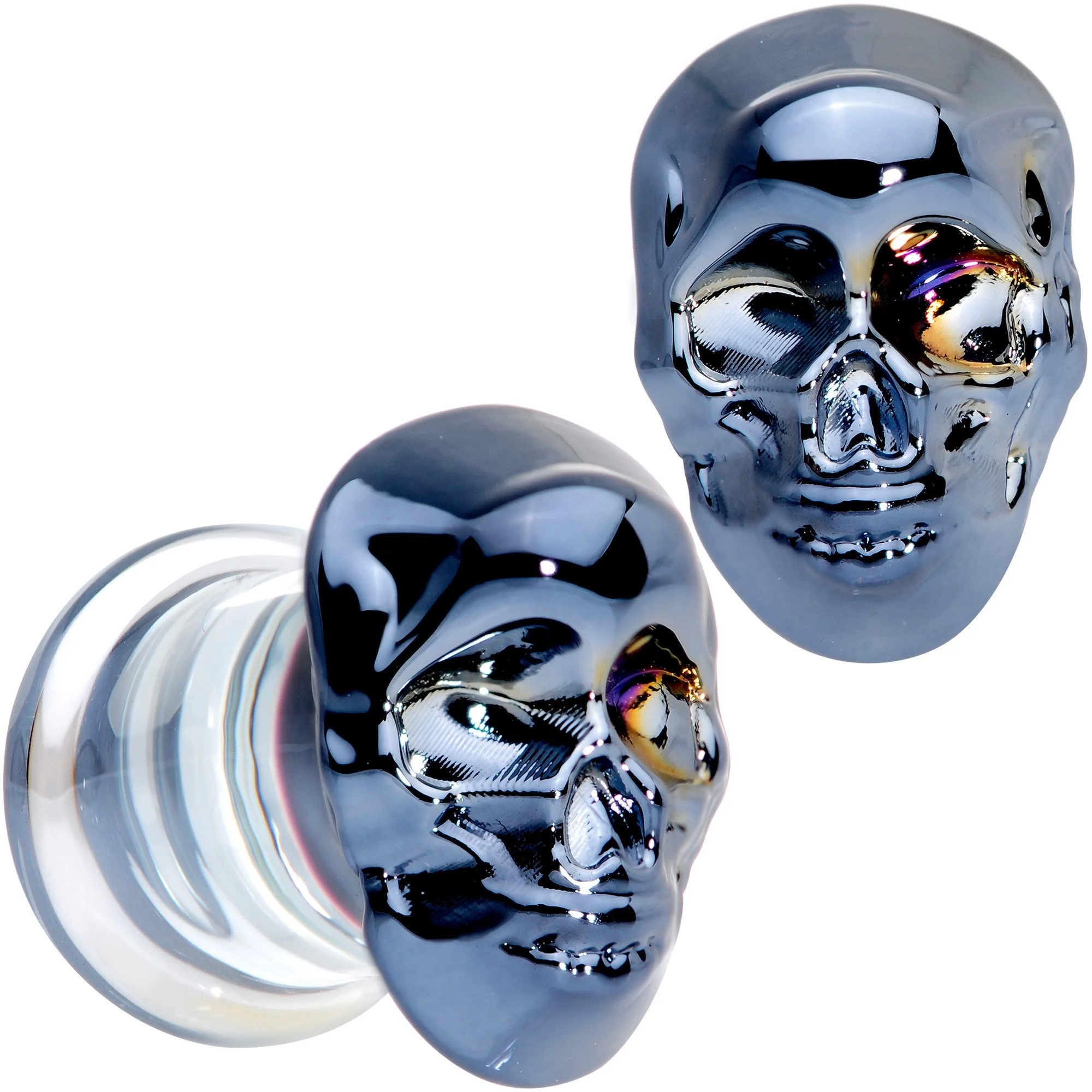 Dark Blue Glass Smiling Halloween Skull Double Flare Plug Set - Image 6