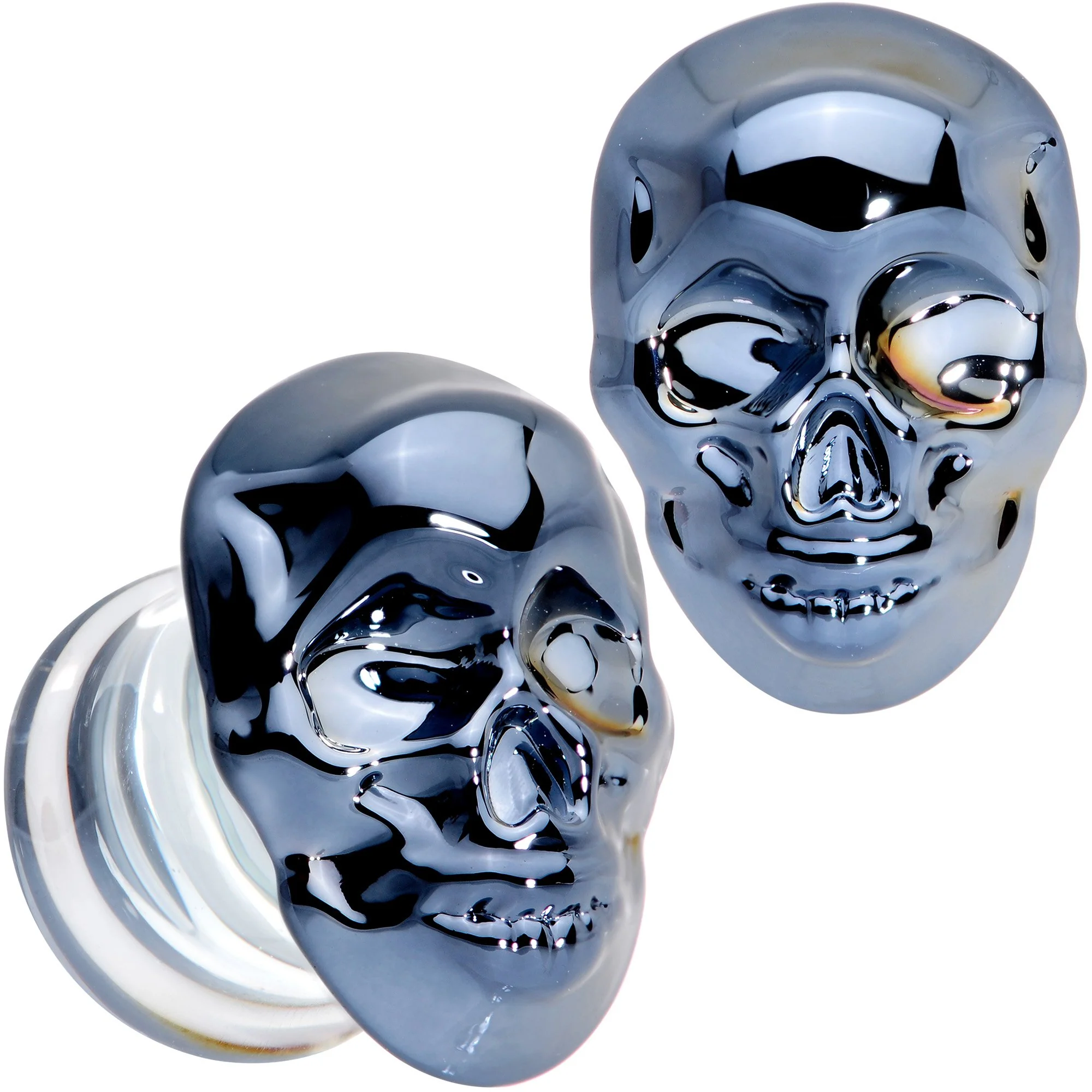 Dark Blue Glass Smiling Halloween Skull Double Flare Plug Set - Image 7