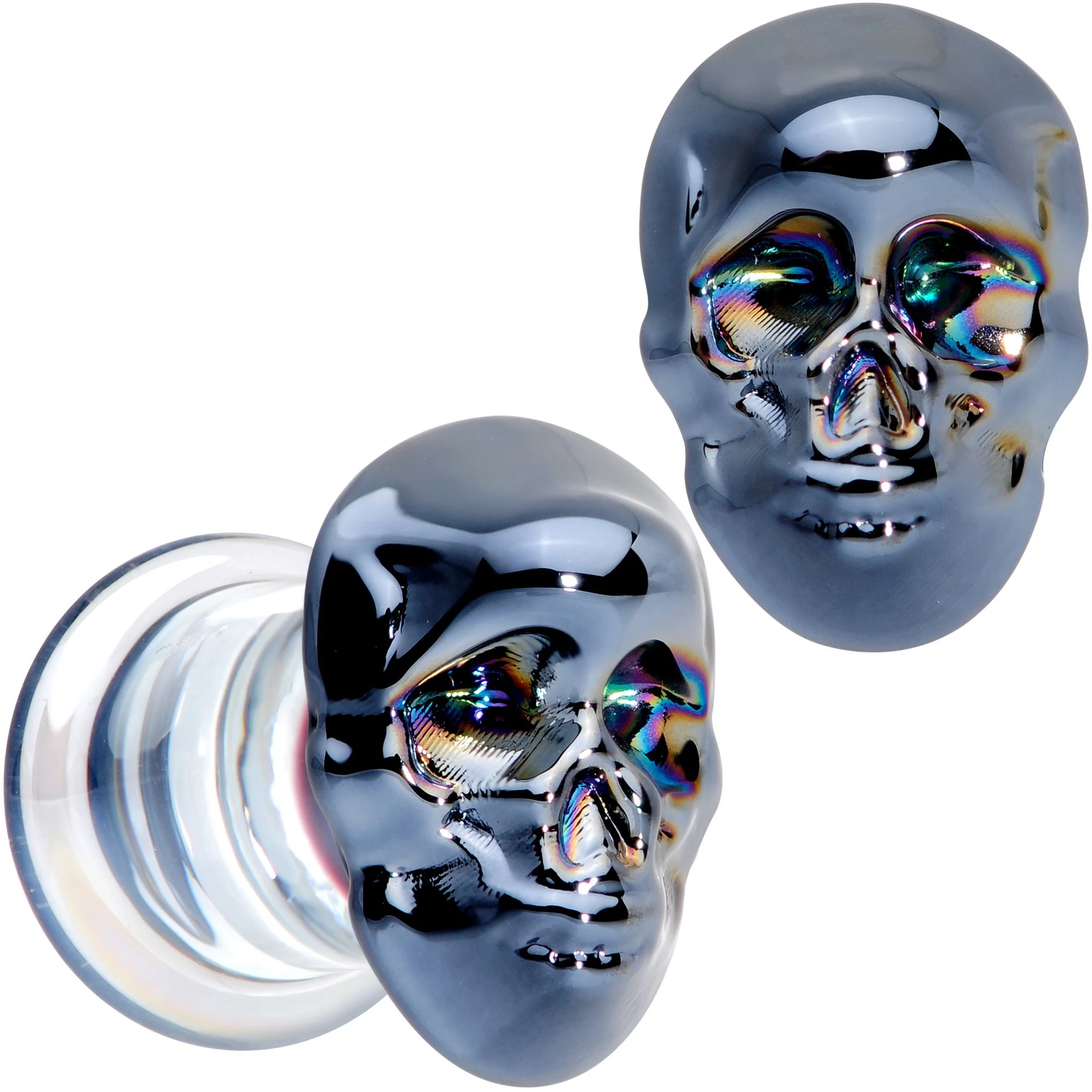 Dark Blue Glass Smiling Halloween Skull Double Flare Plug Set - Image 8