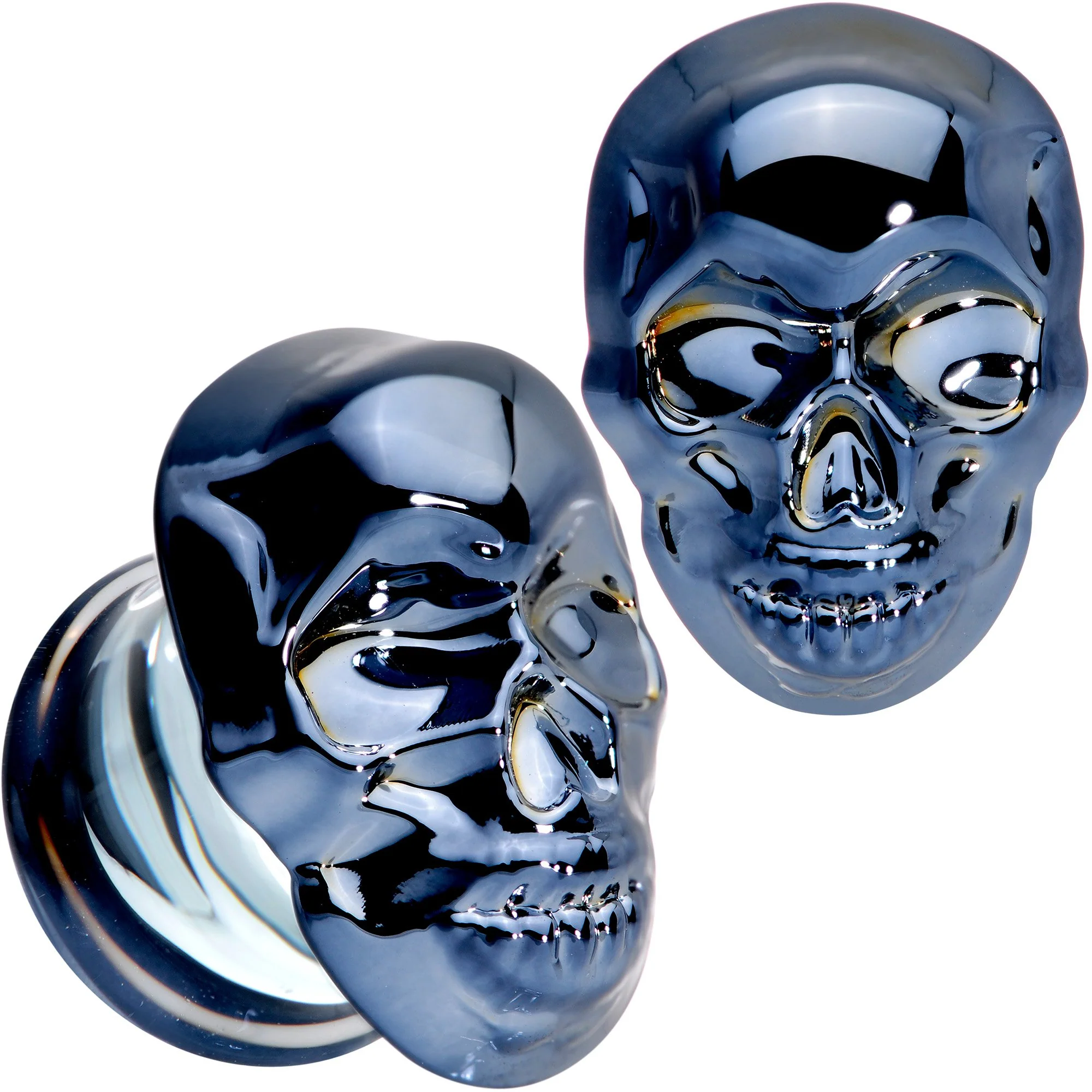 Dark Blue Glass Smiling Halloween Skull Double Flare Plug Set - Image 9