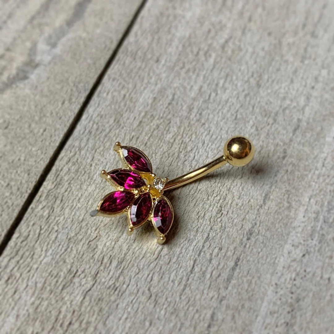 Dark Red Gem Gold Tone Autumn Leaves Belly Ring - Image 2