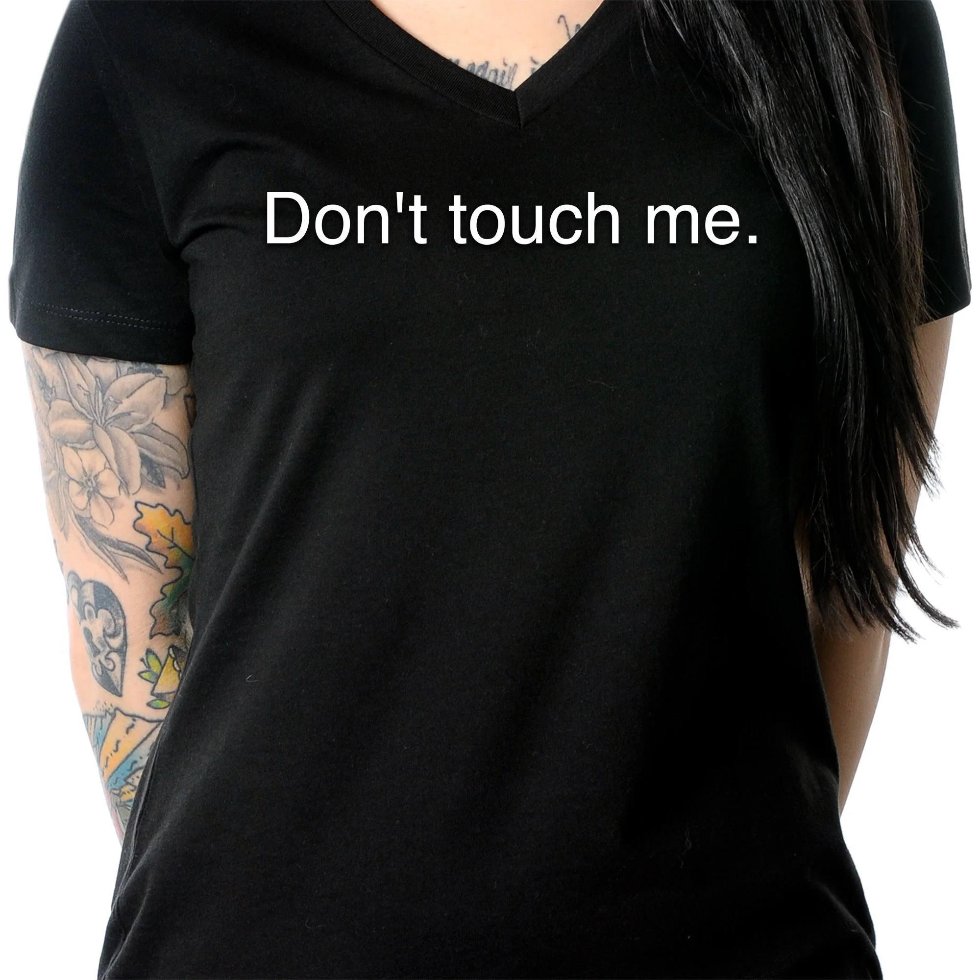 Don't Touch Me Black Tapered V-Neck Tee Shirt - Image 2