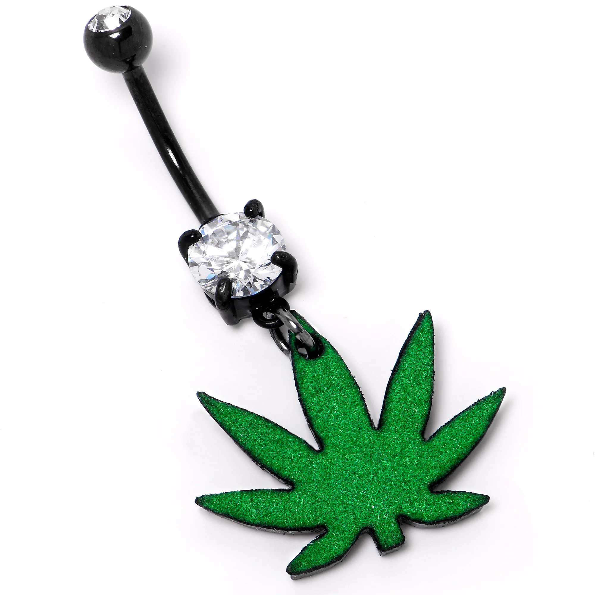 Double Gem Green Marijuana Pot Leaf Black Dangle Belly Ring - Image 3