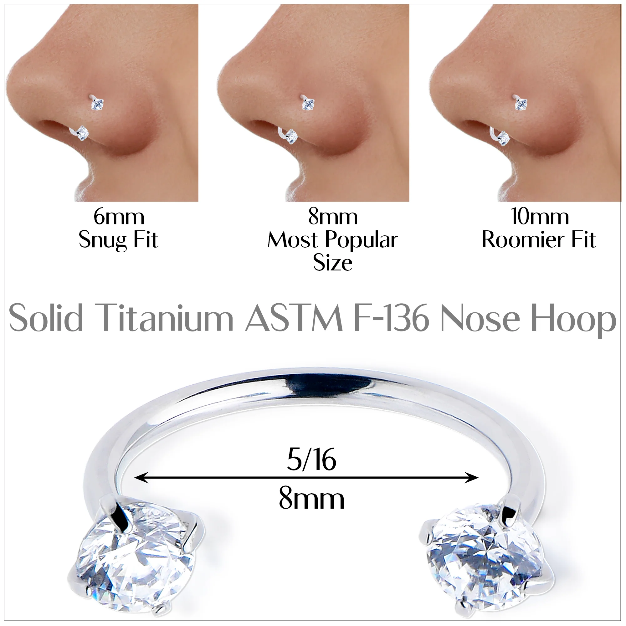 Double Gem Titanium Horseshoe Nose Ring - Internally Threaded Solid Titanium CZ Horseshoe Nose Hoop - Image 9