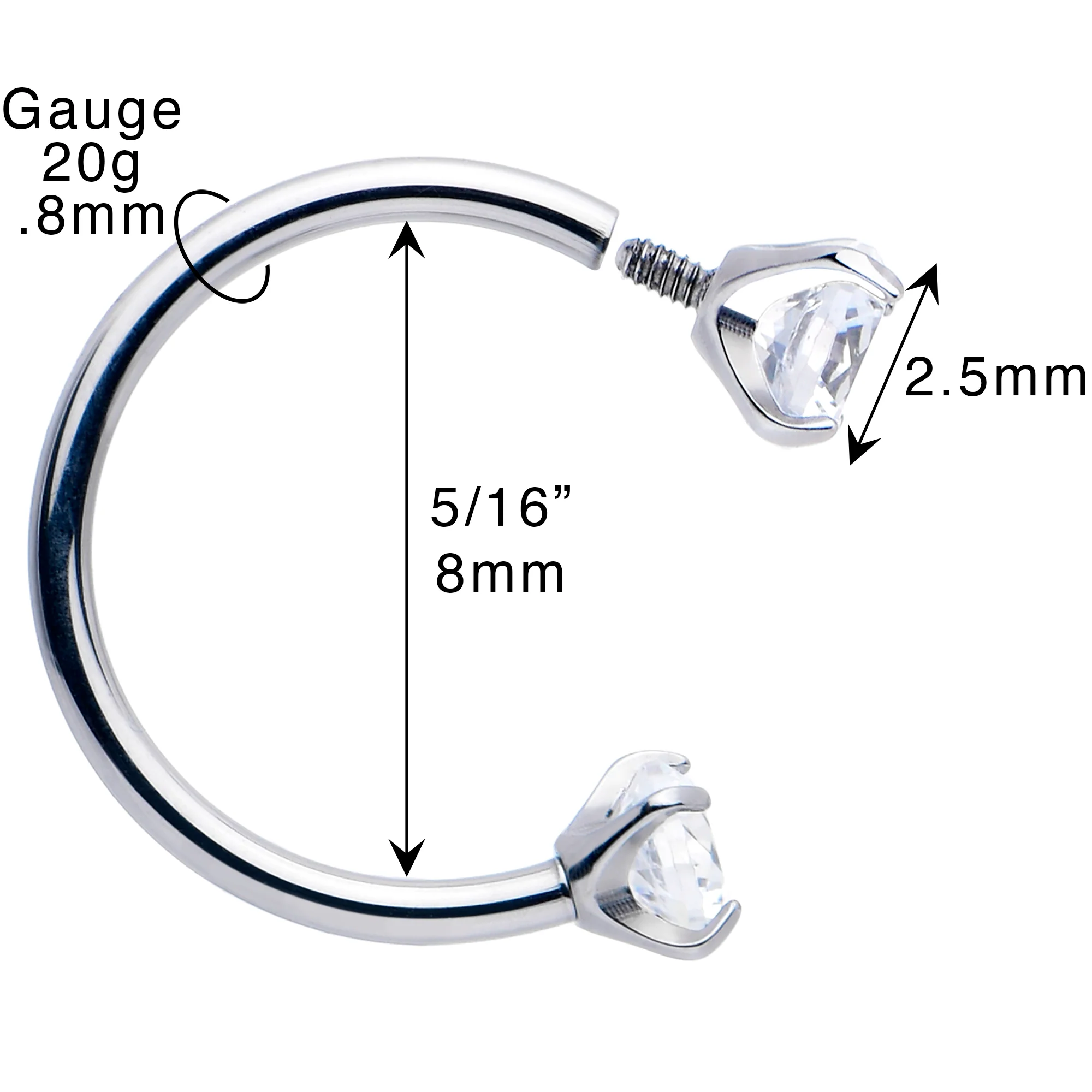 Double Gem Titanium Horseshoe Nose Ring - Internally Threaded Solid Titanium CZ Horseshoe Nose Hoop - Image 8