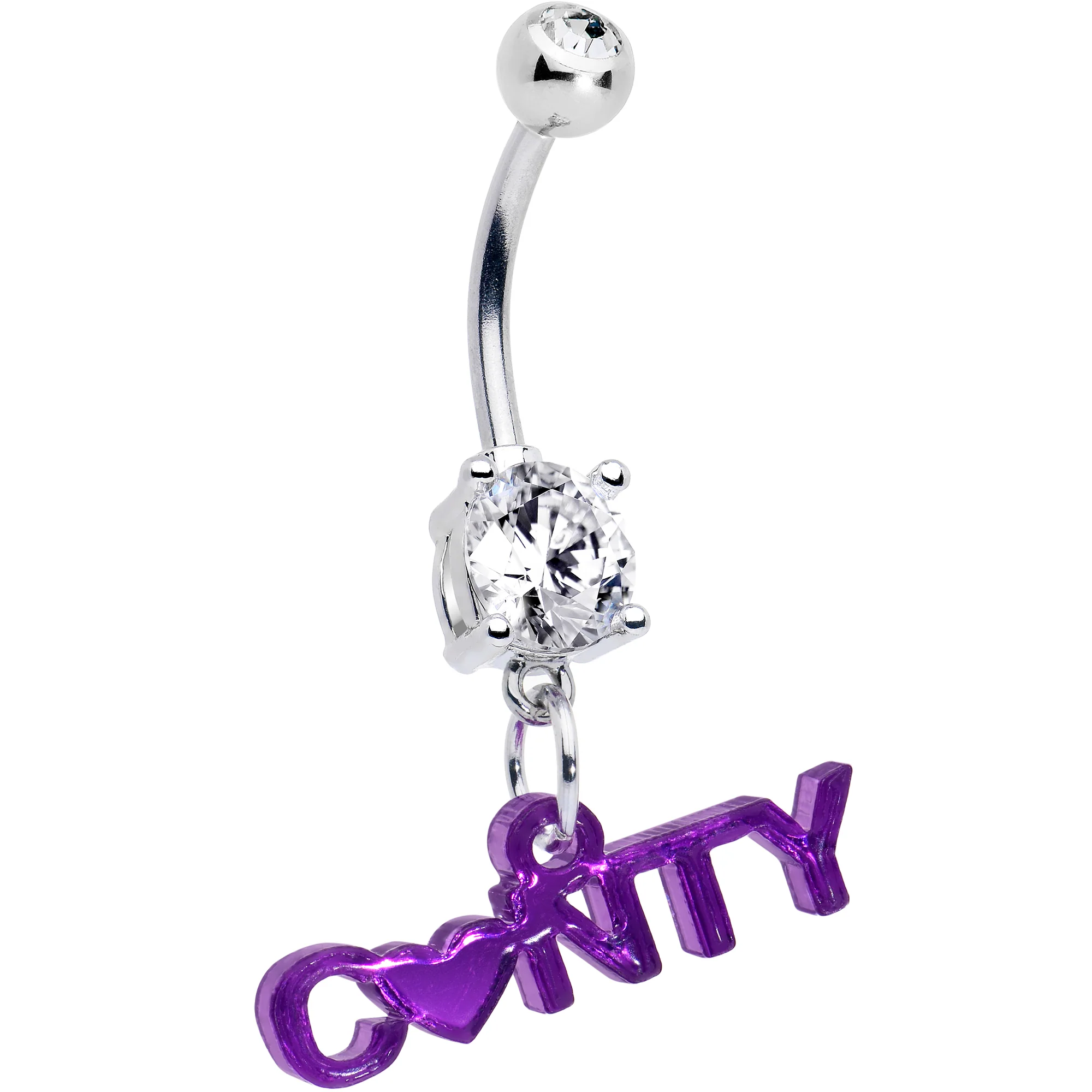 Double Gem Mirror Purple Cunty Heart Dangle Belly Ring - Image 2