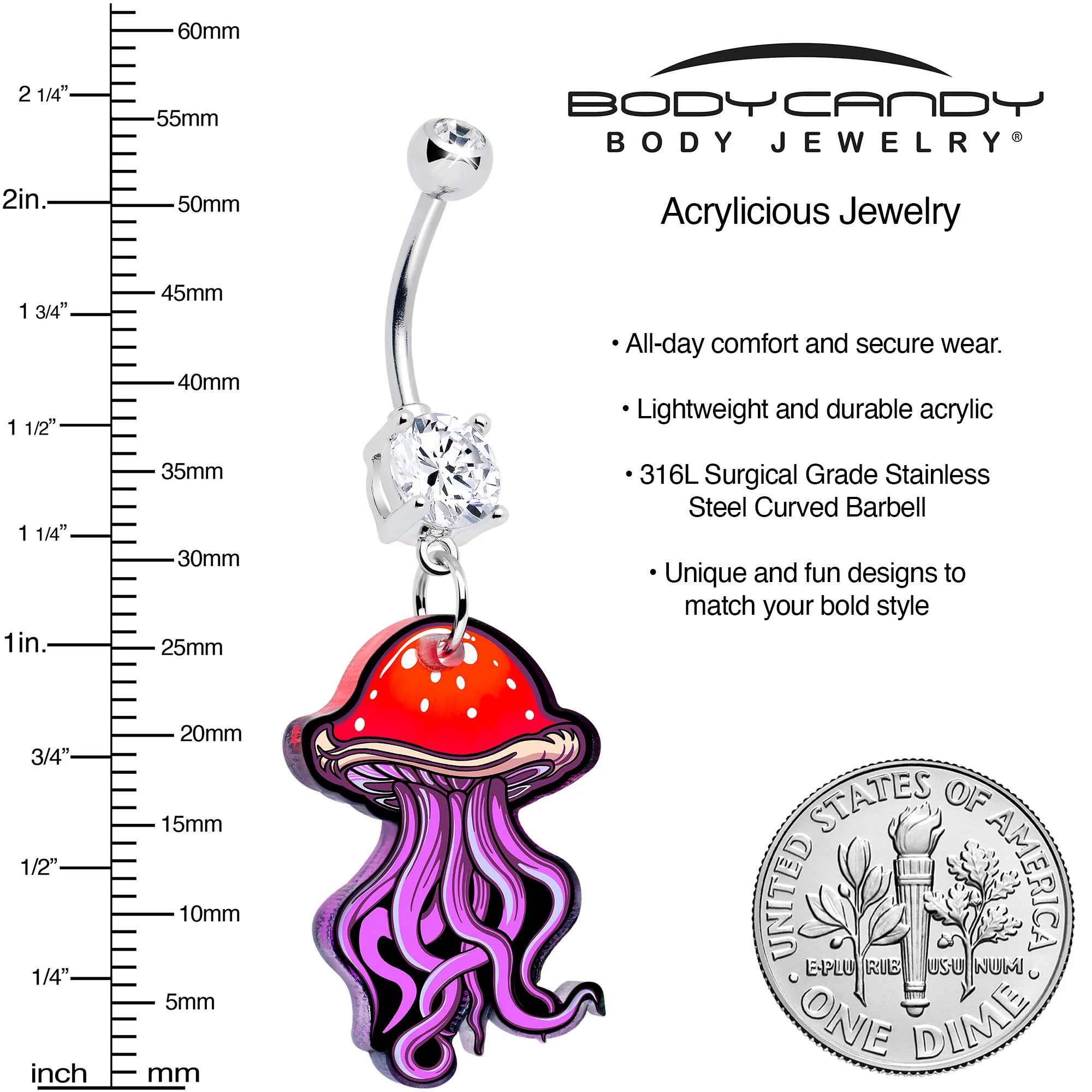 Double Gem Mushroom Jellyfish Dangle Belly Ring by Onyx O - Image 3