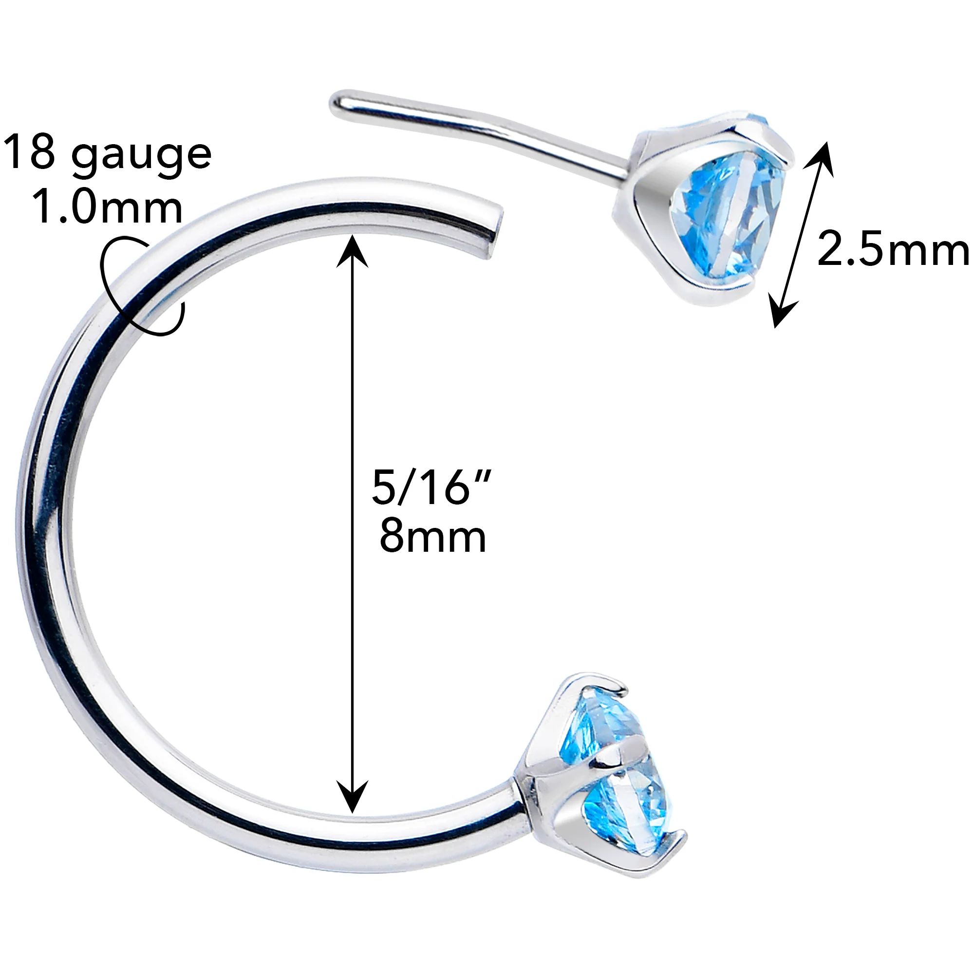 Double Gem Titanium Horseshoe Nose Ring -  Push In Threadless Titanium CZ Horseshoe Nose Hoop - Image 12