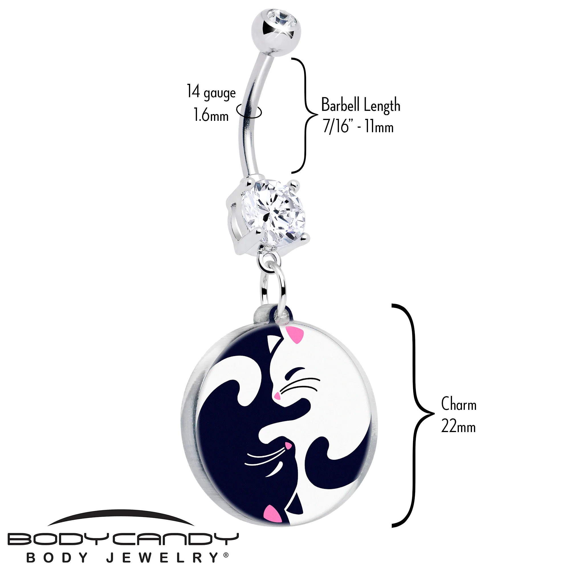 Double Gem Yin Yang Cat Dangle Belly Ring by Onyx O - Image 2