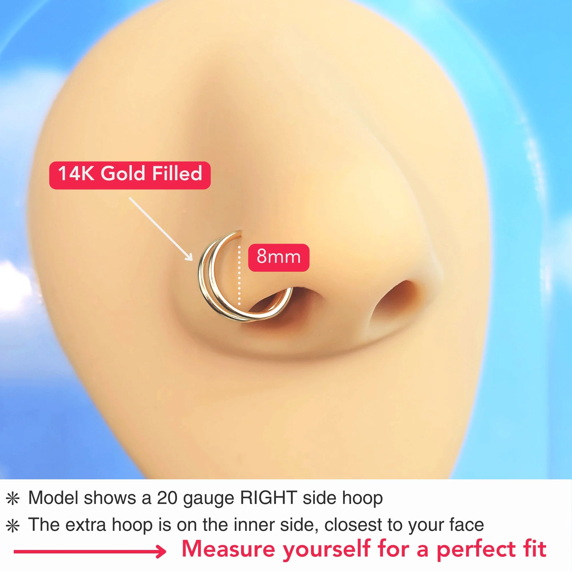 Double Hoop Nose 14k Yellow Gold Filled Spiral Nose Ring 20G 8mm Left - Image 4