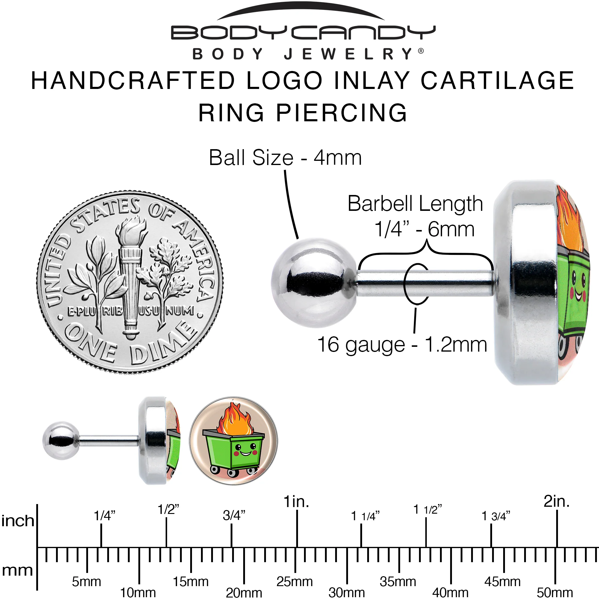 16G 1/4 Dumpster Fire Tragus Cartilage Earring by Onyx O - Image 6