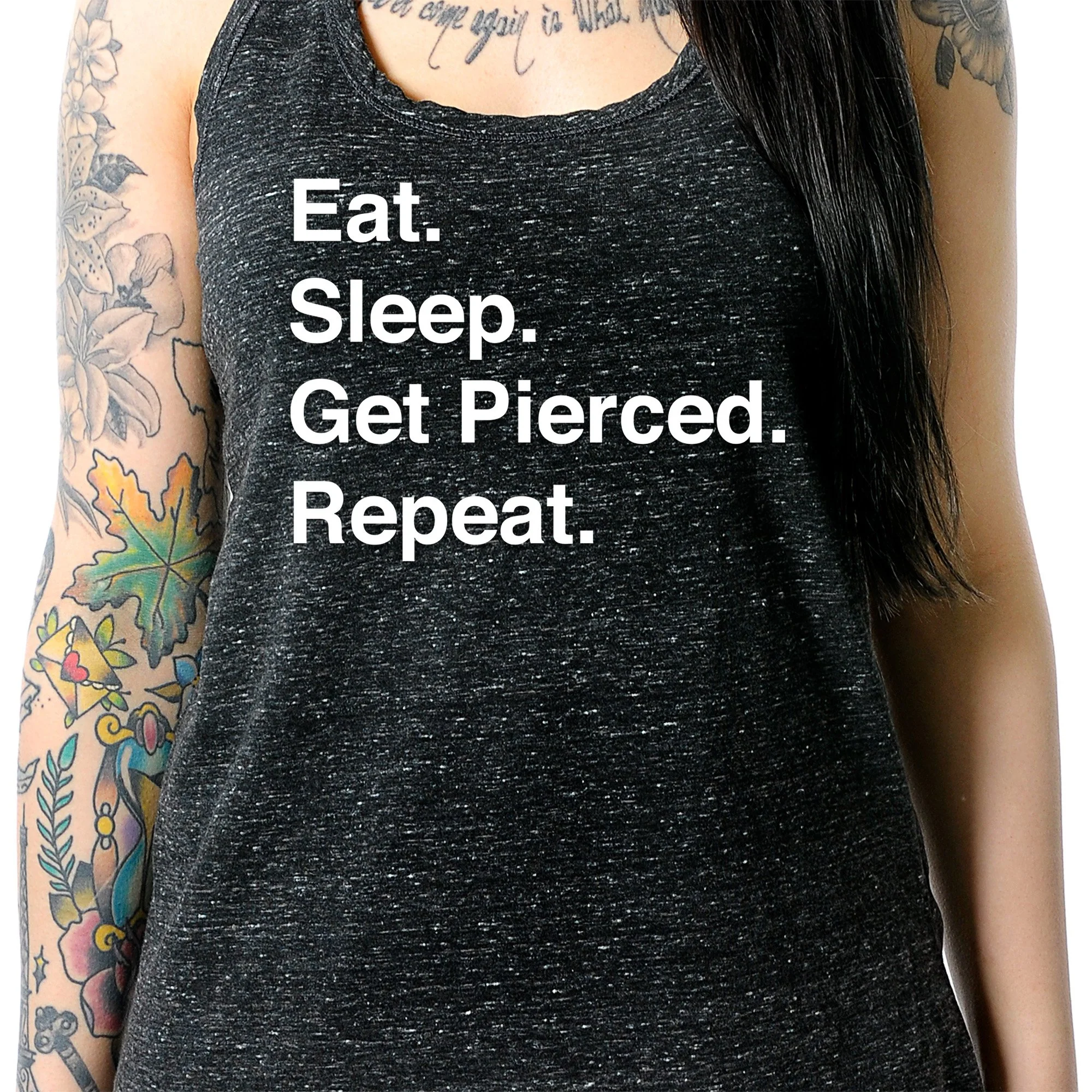 Eat. Sleep. Get Pierced. Repeat. Black Gray Cosmic Twist Back Tank Top - Image 3