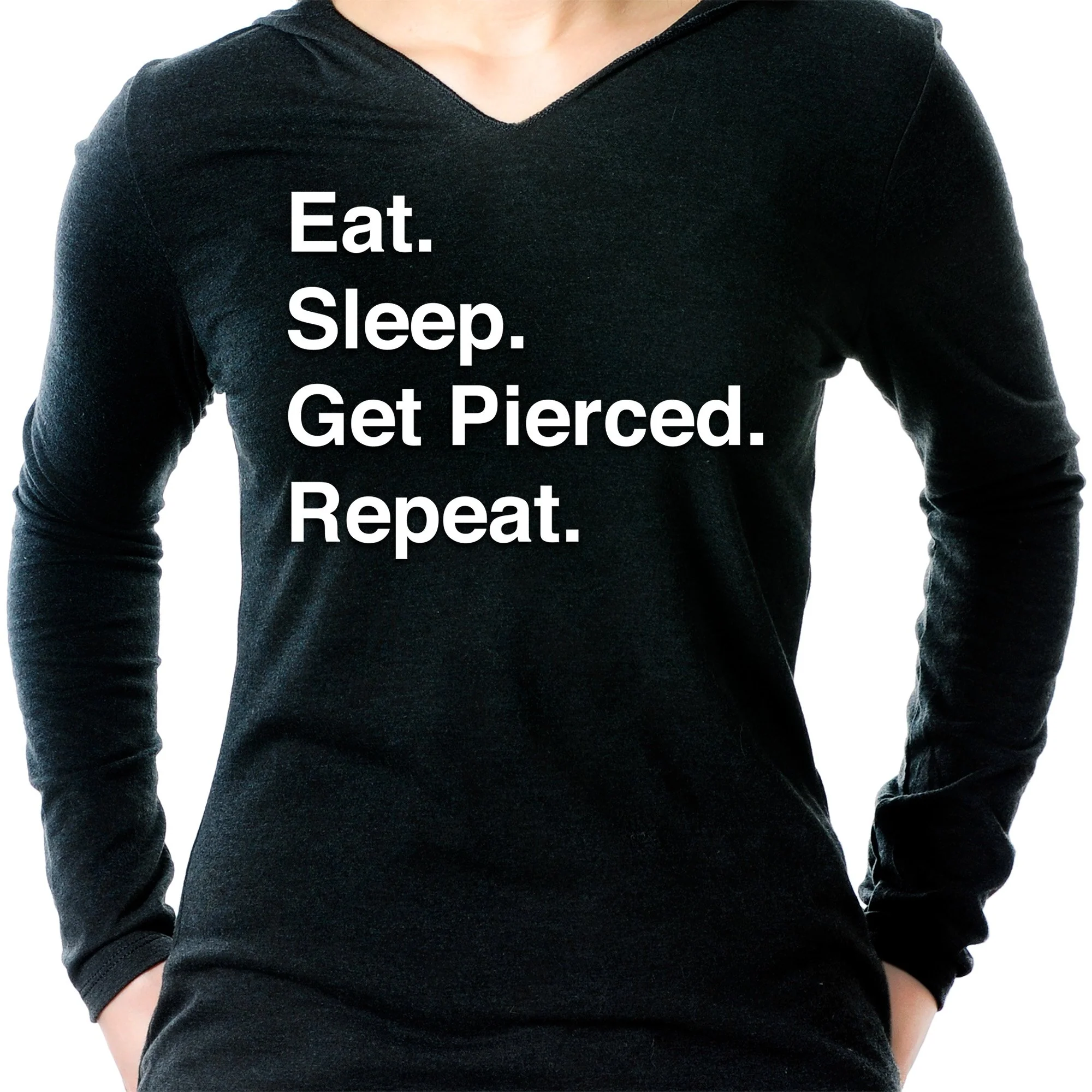 Eat. Sleep. Get Pierced. Repeat. Black Tapered Long Sleeve Hoodie - Image 3