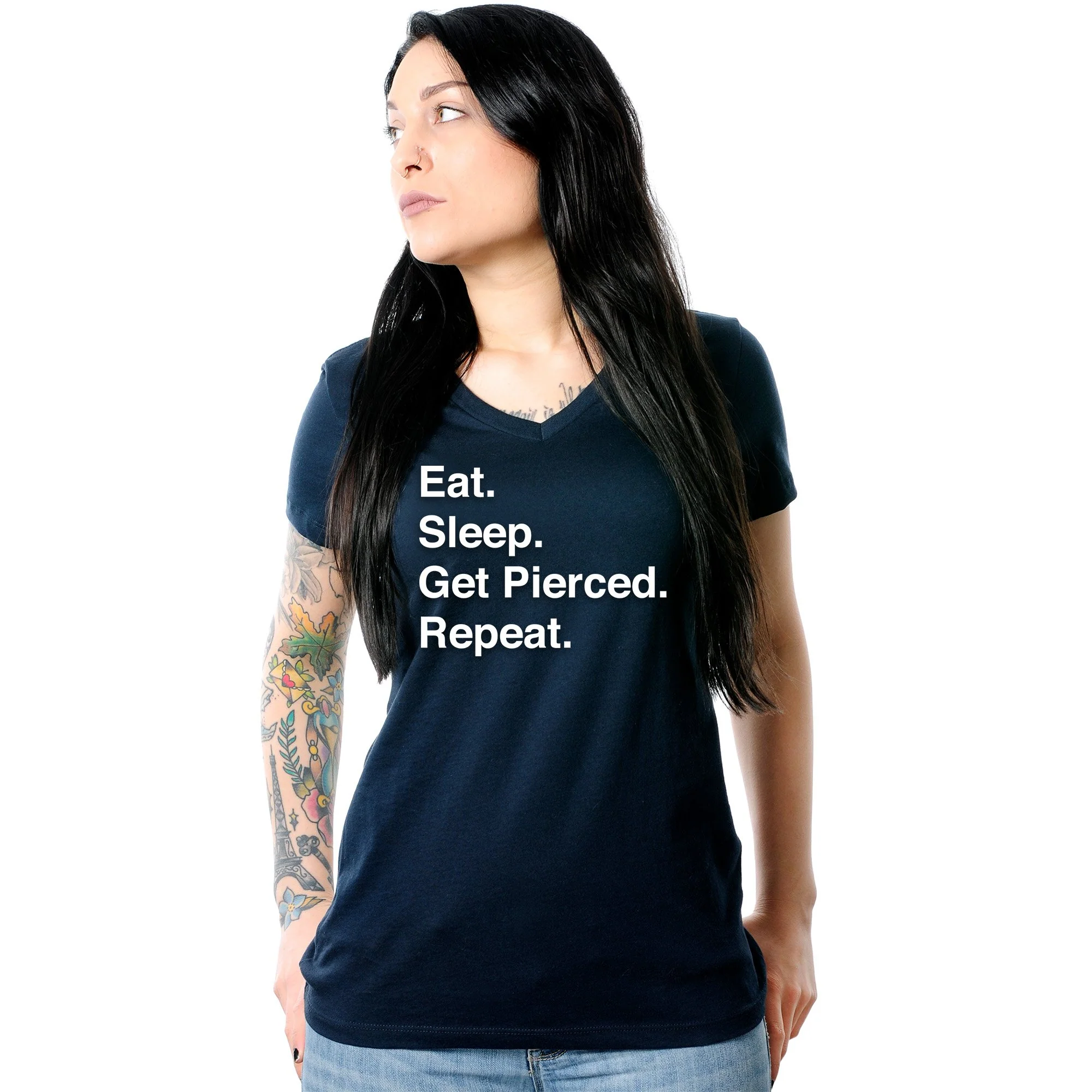 Eat. Sleep. Get Pierced. Repeat. Black Tapered V-Neck Tee Shirt - Image 2