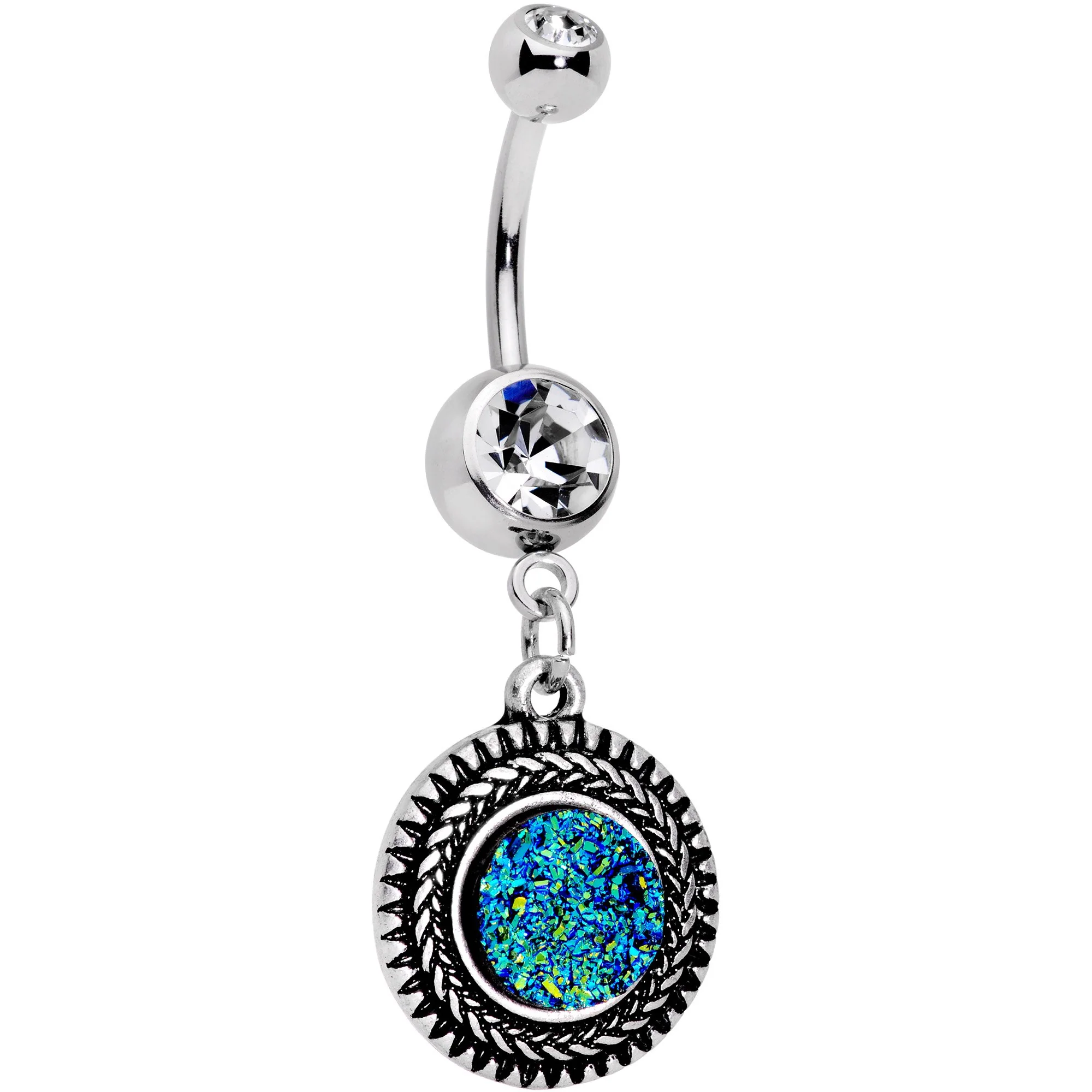 Faux Druzy Quartz Baroque Concentric Circles Dangle Belly Ring - Image 2
