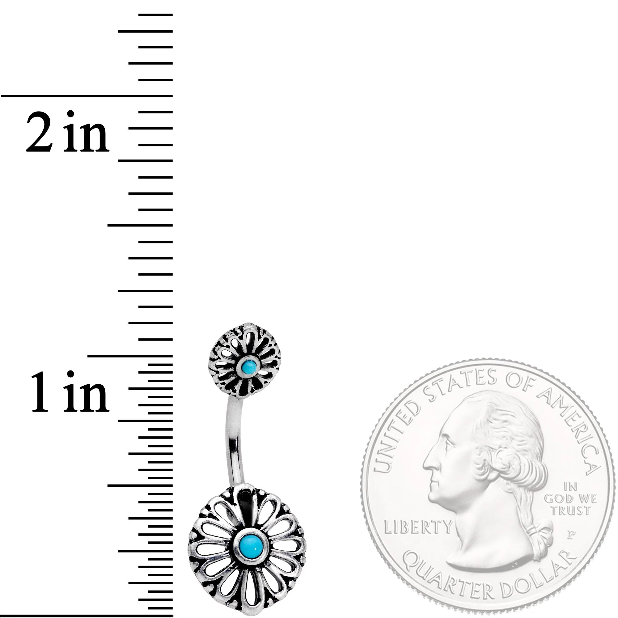Faux Turquoise Openwork Flower Double Mount Belly Ring - Image 2