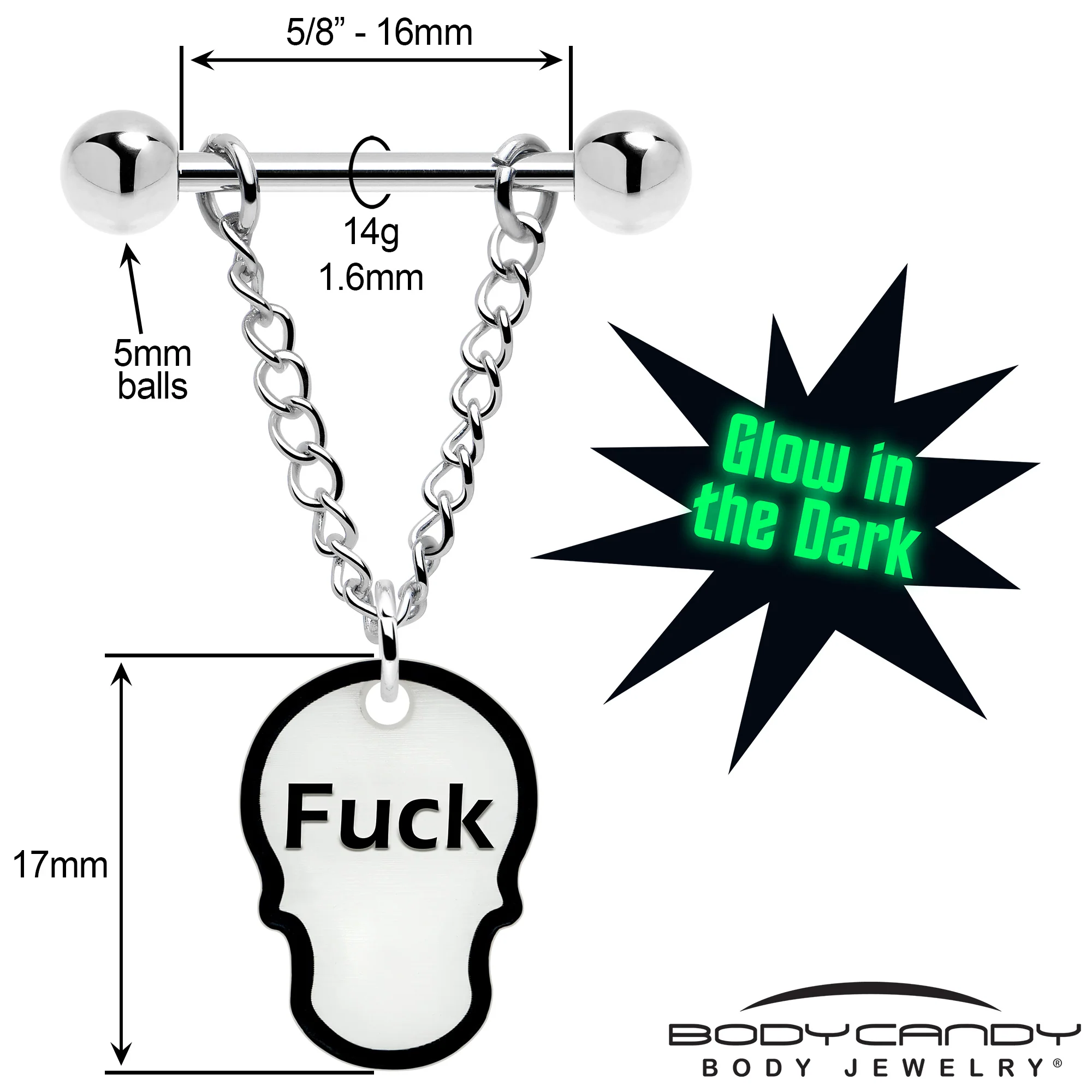 F*ck Me Glow in the Dark Chain Dangle Skull Nipple Ring Set - Image 3