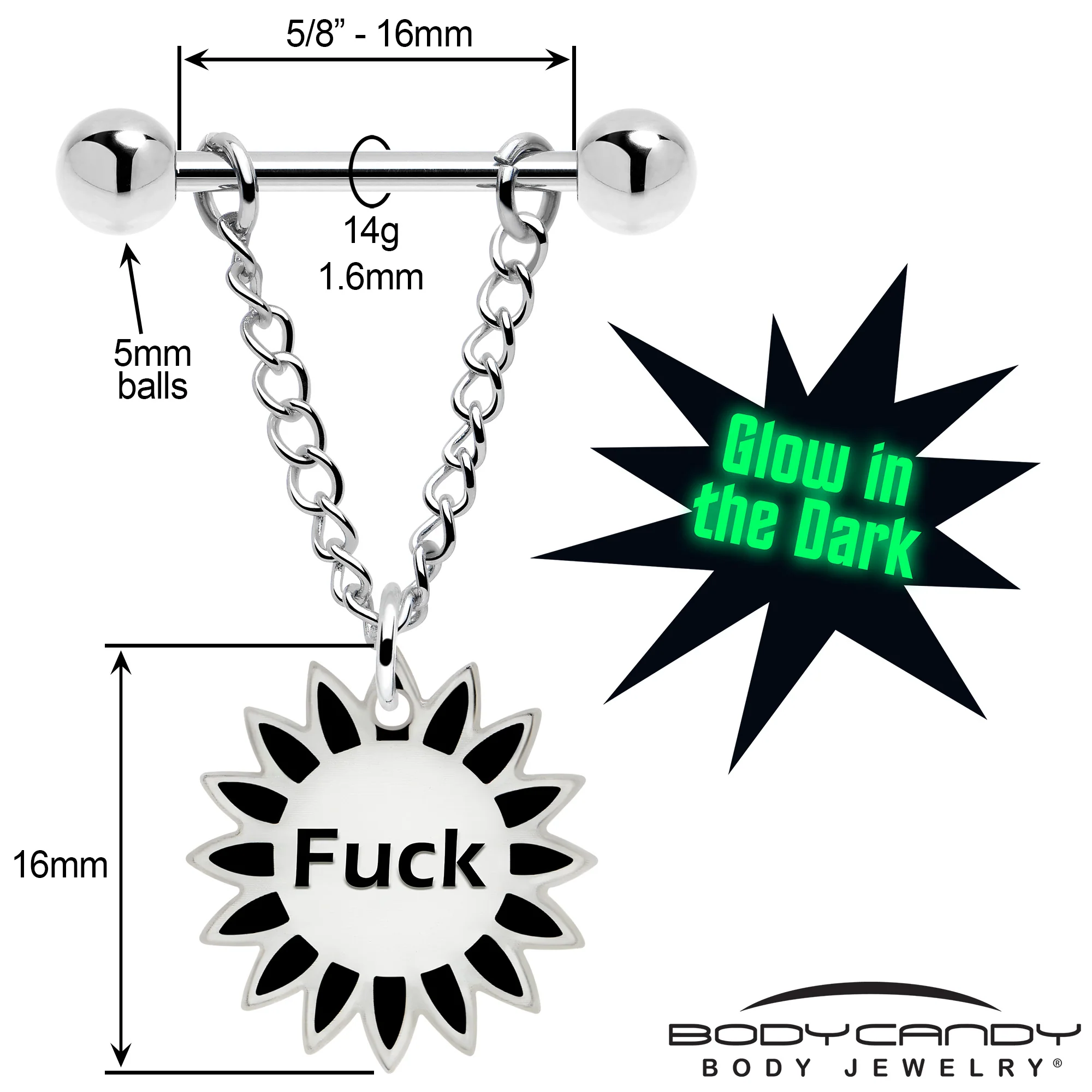 F*ck Me Glow in the Dark Chain Dangle Sunflower Nipple Ring Set - Image 3