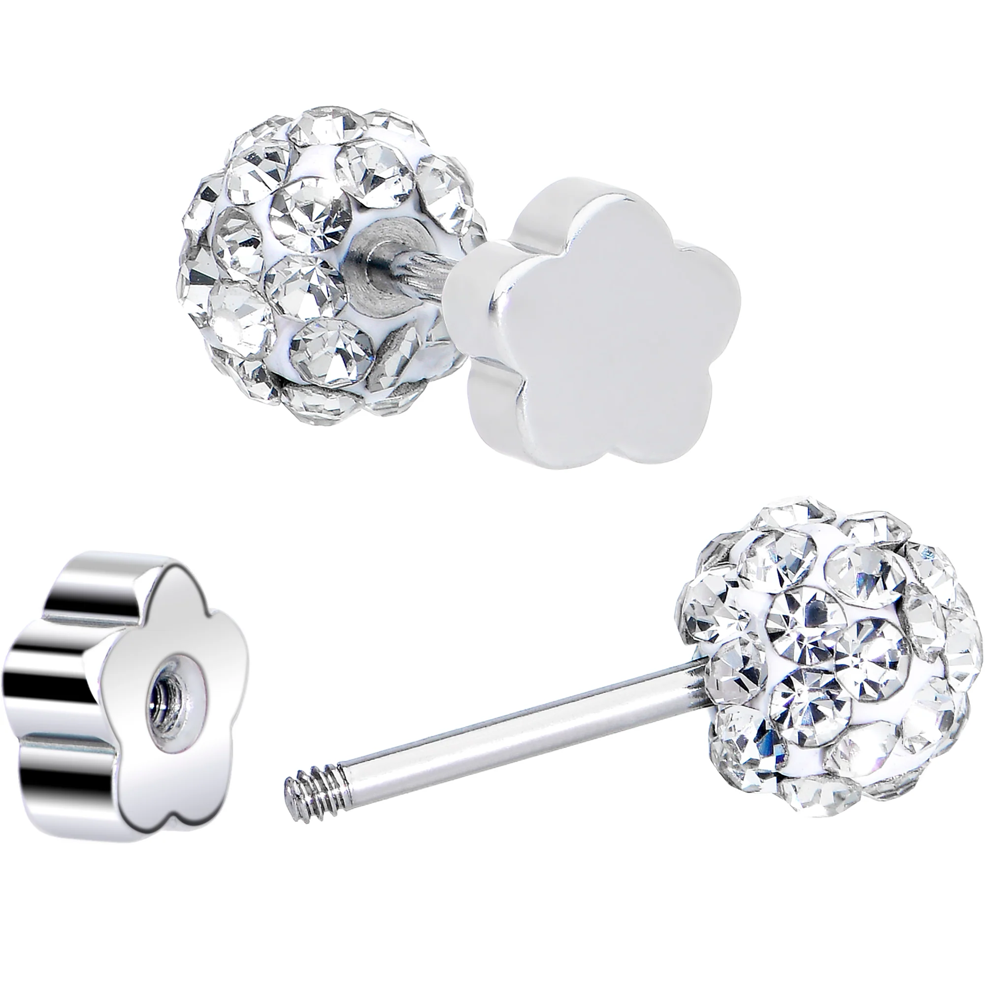 Ferido Crystal Ball Surgical Steel Flower Screw Back Earrings - Image 4