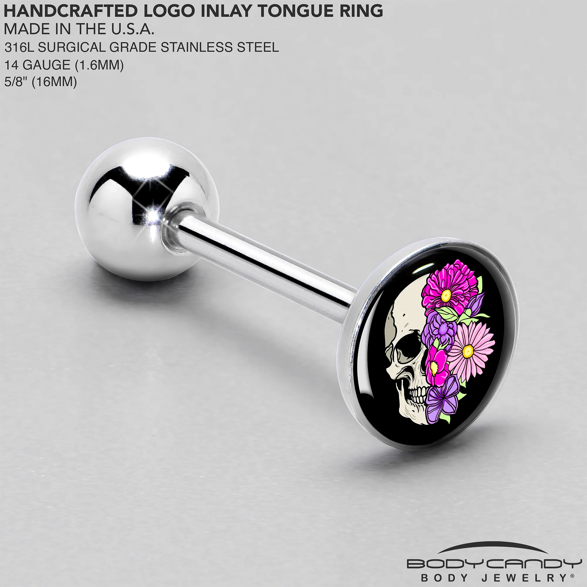 Floral Flowers Skull Barbell Tongue Ring by Onyx O - Image 4