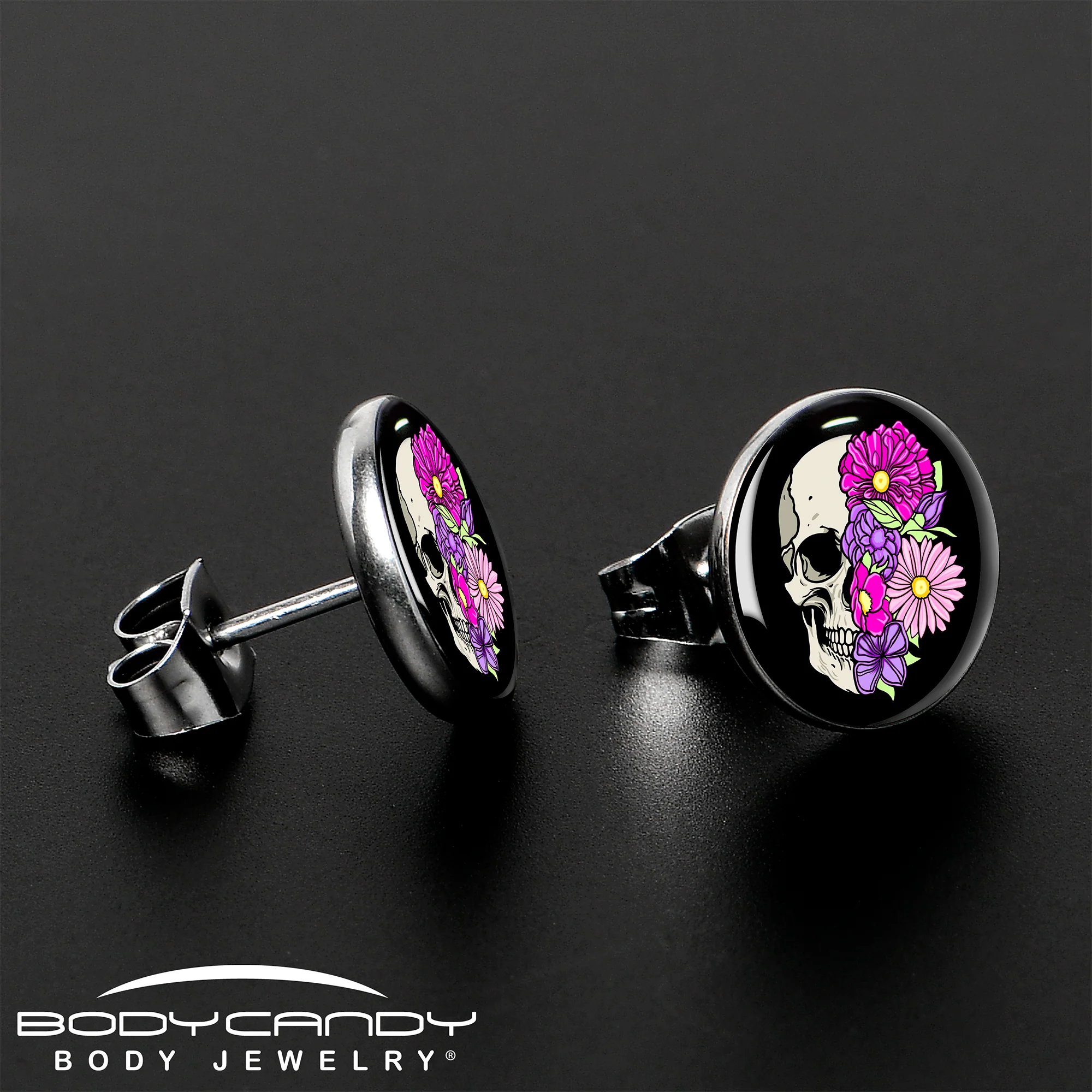Floral Flowers Skull Stud Earrings by Onyx O - Image 3