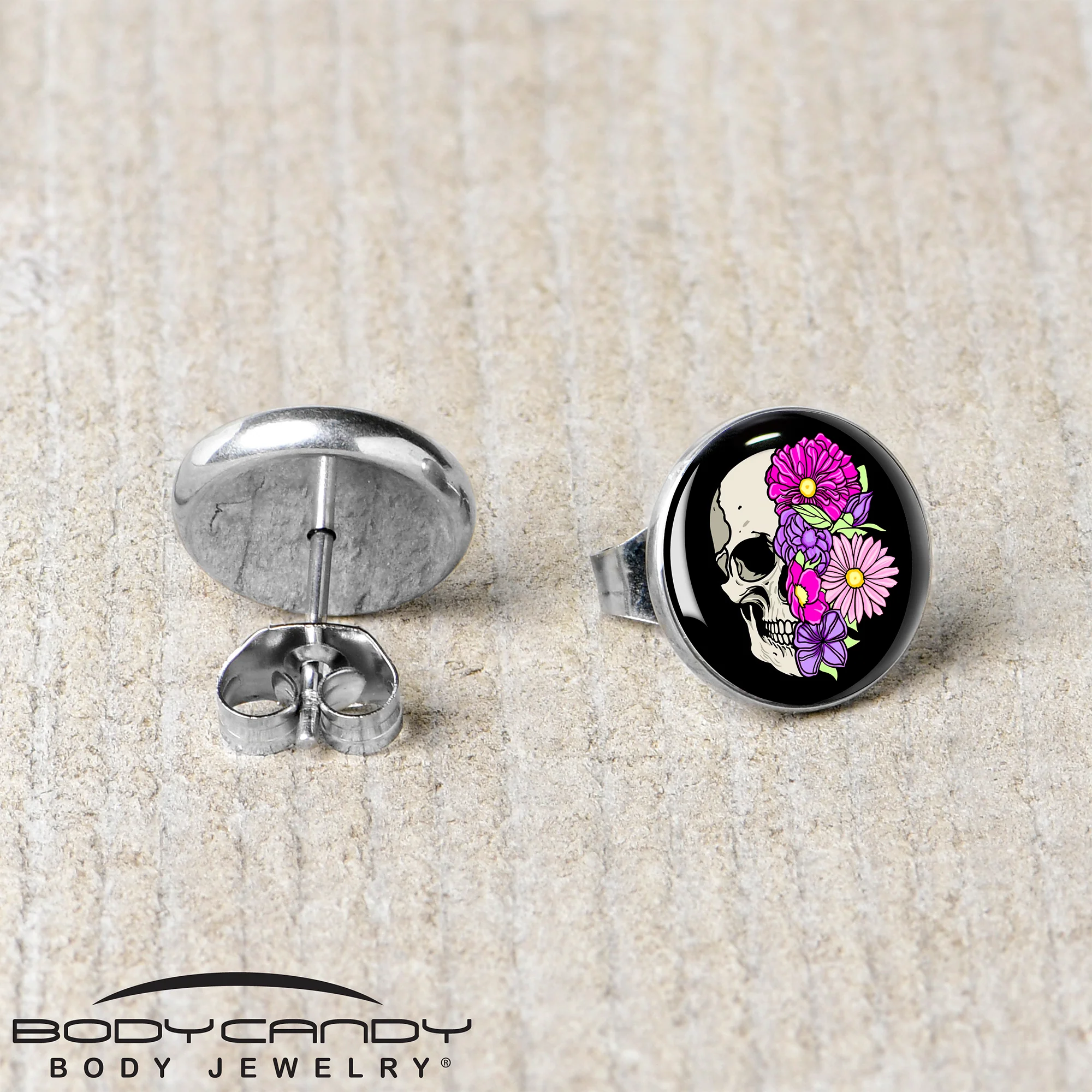 Floral Flowers Skull Stud Earrings by Onyx O - Image 5