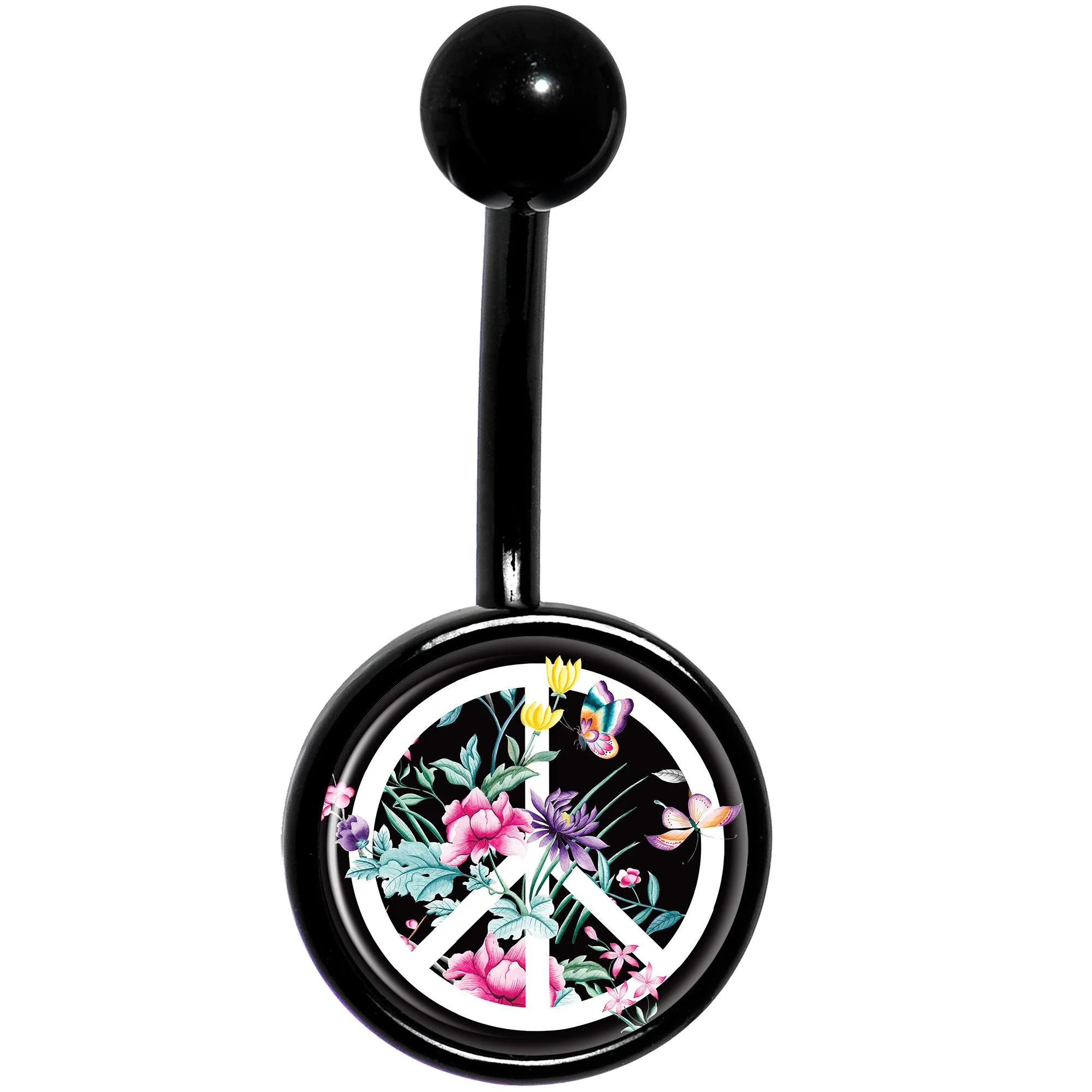 Floral Peace Sign Black Belly Ring - Image 2