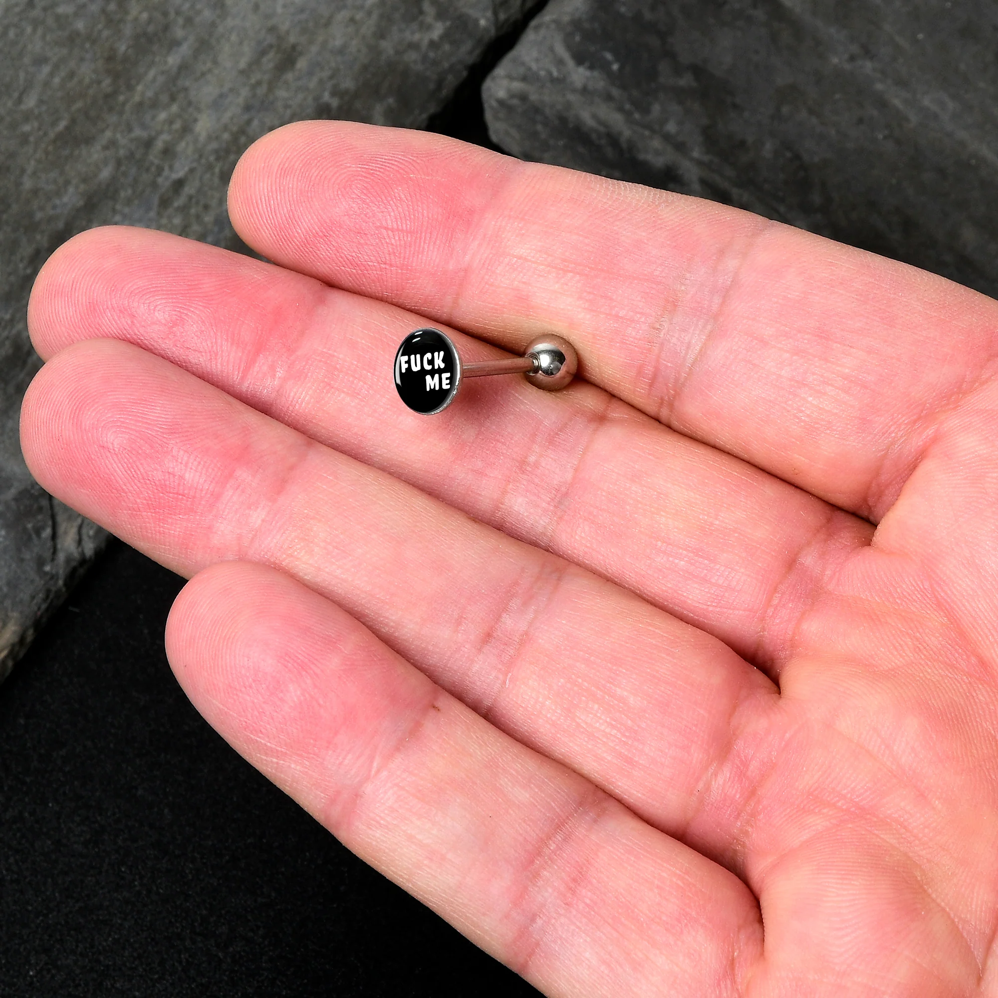 F*ck Me Black White Barbell Tongue Ring - Image 2