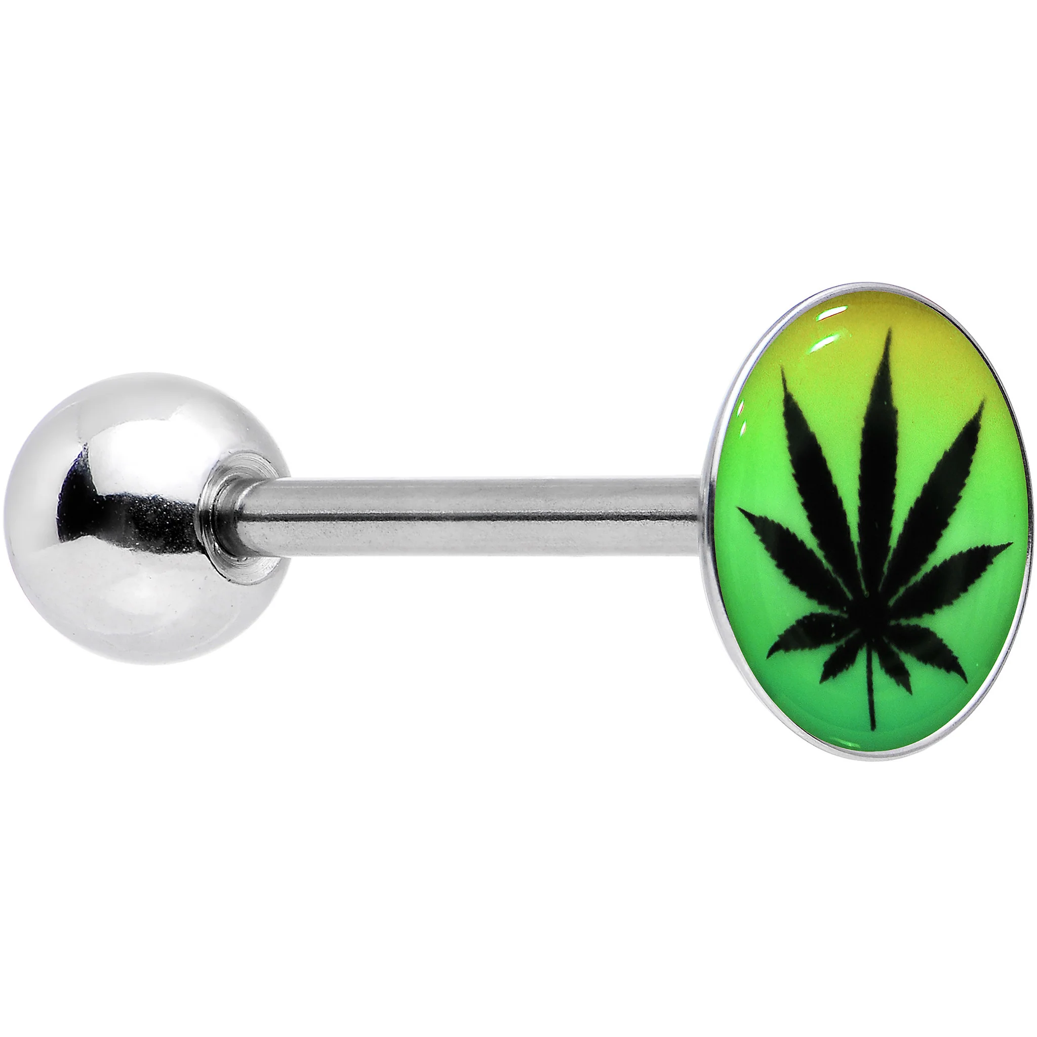 Ganja Leaf Glow in the Dark Logo Stainless Steel Barbell Tongue Ring - Image 2