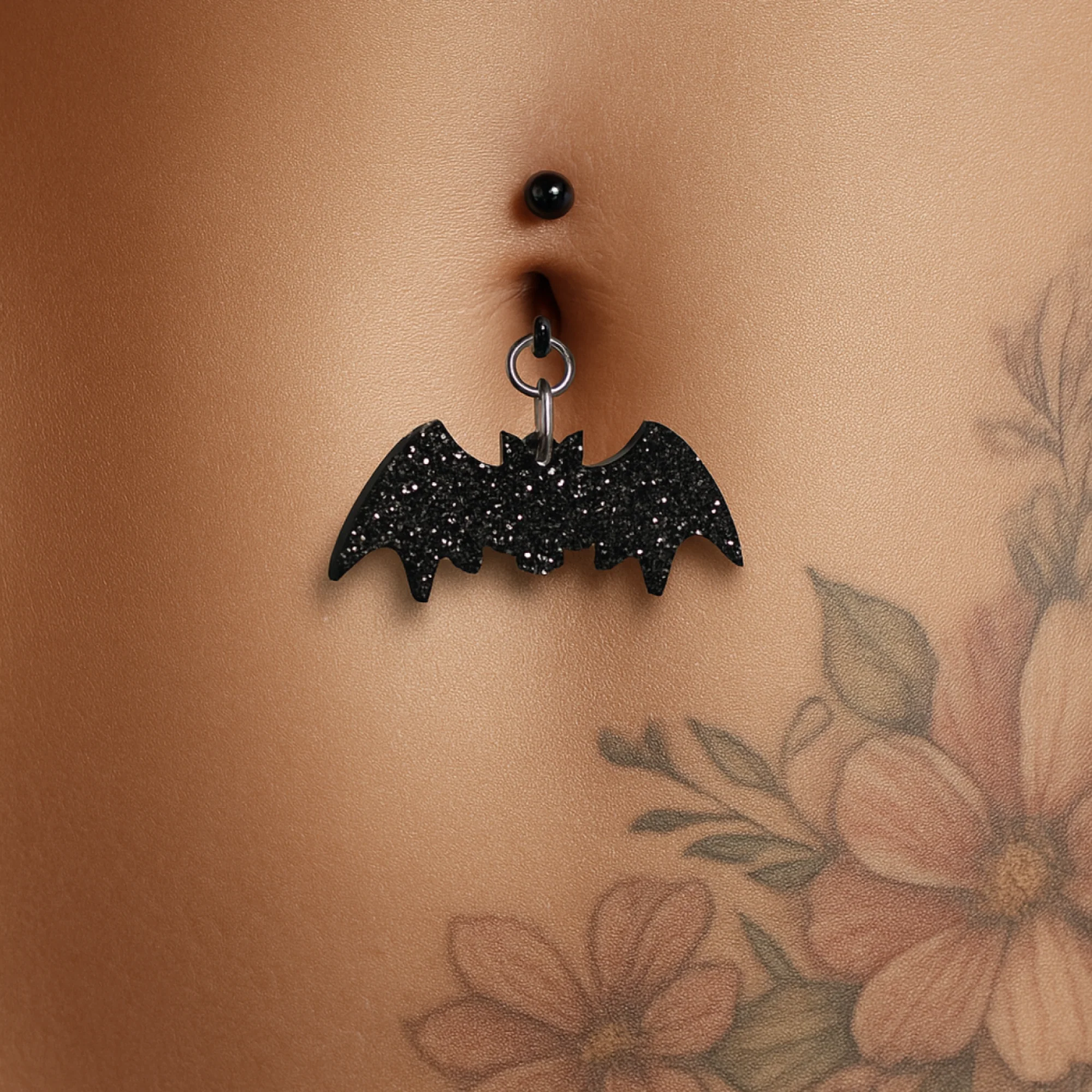 Glittery Black Bat Dangle Belly Ring - Image 2